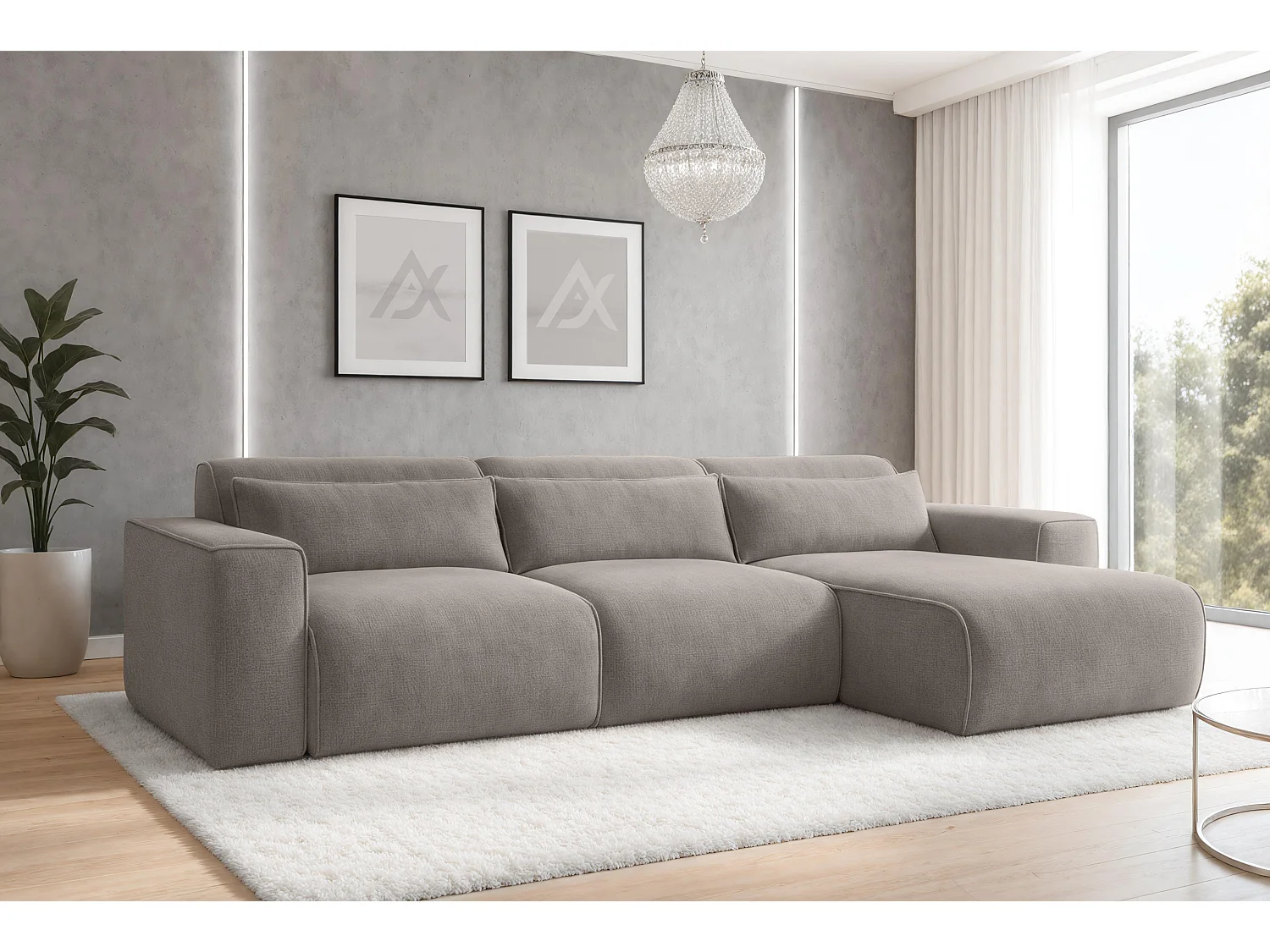 AX LIVING Canapé panoramique Ruyam 310 cm marron clair convertible droite