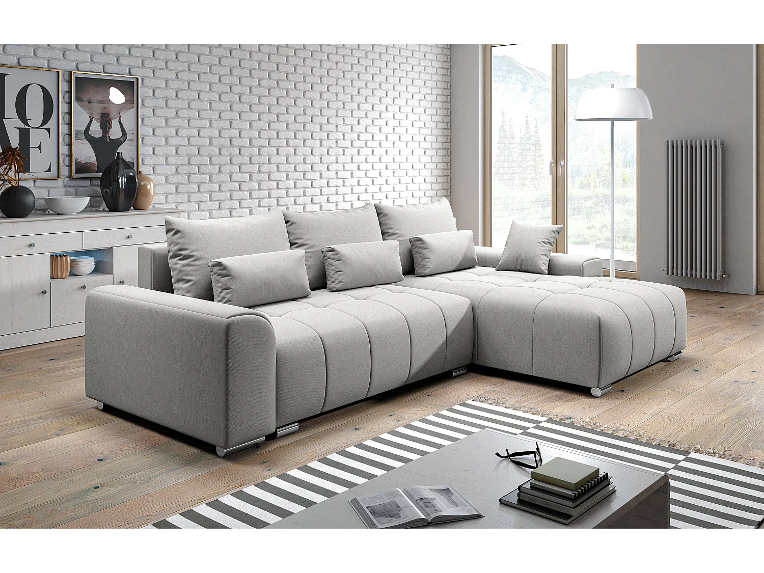 AX LIVING Canapé d’angle Rivolli 260 cm gris convertible avec coffre