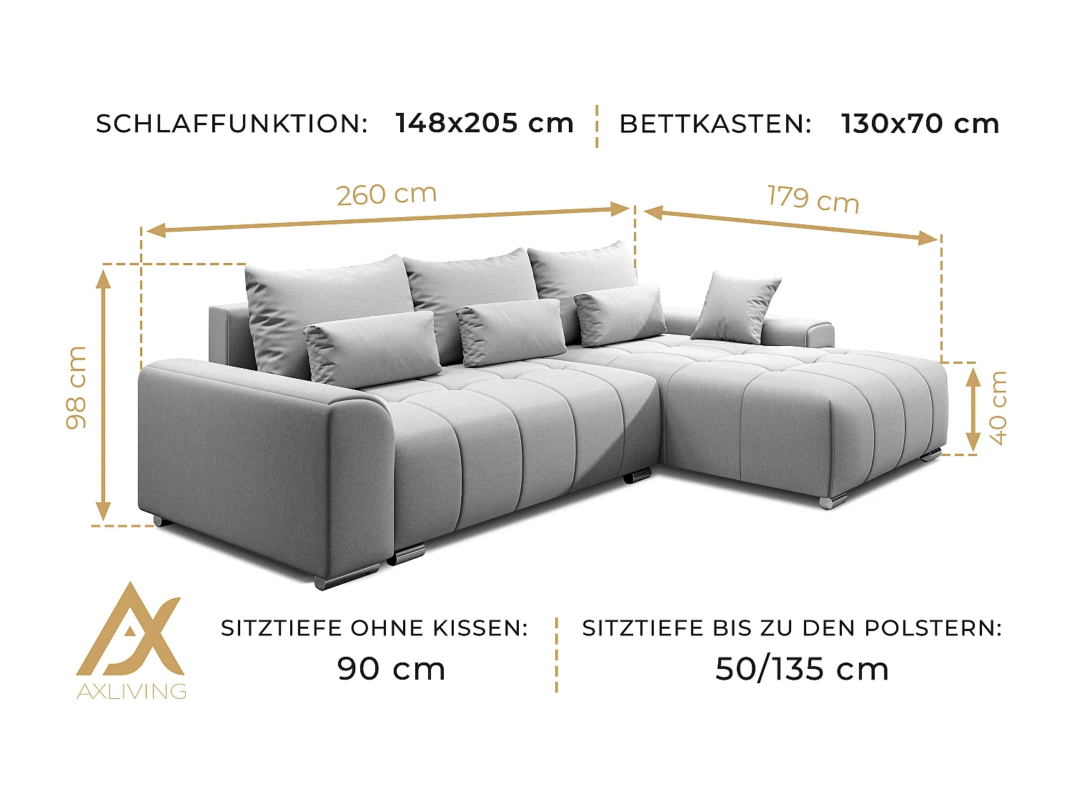 AX LIVING Canapé d’angle Rivolli 260 cm gris convertible avec coffre