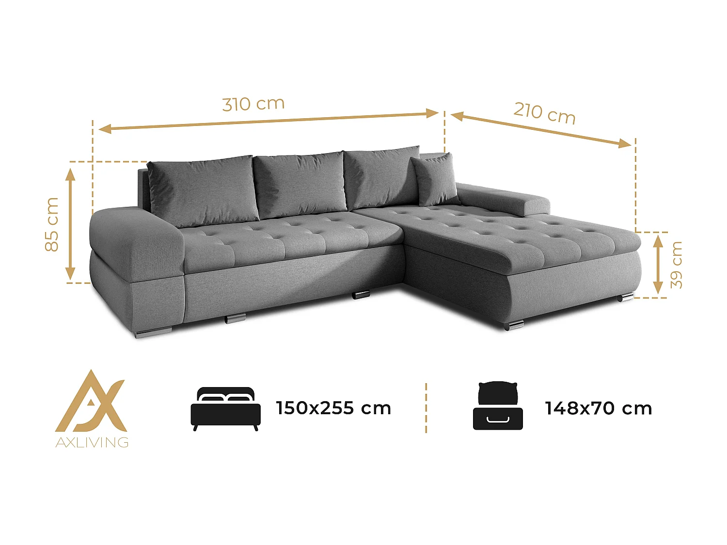 AX LIVING Canapé d’angle Sivaso gris clair 310 cm convertible