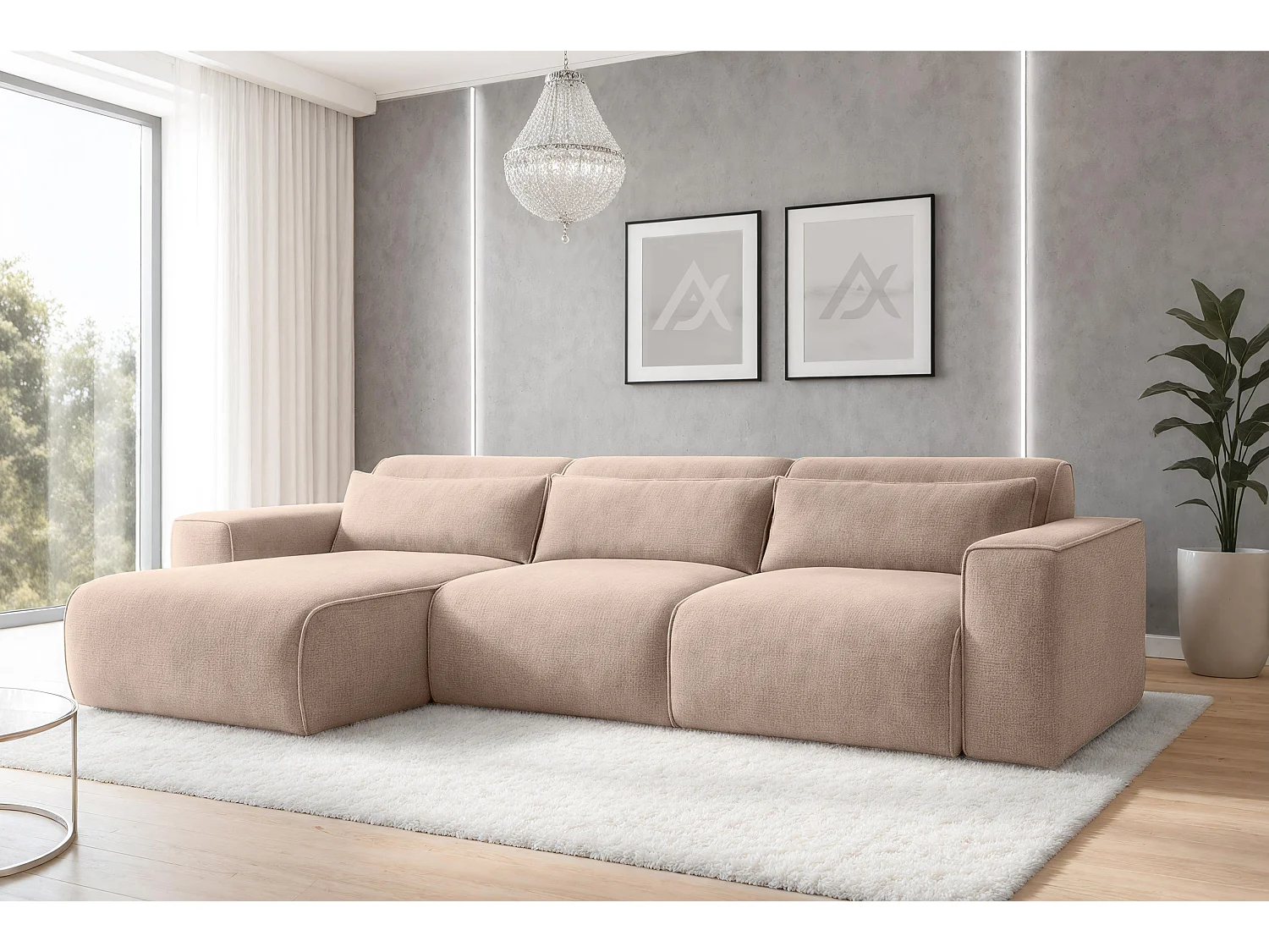 AX LIVING Canapé panoramique Ruyam 310 cm beige convertible gauche