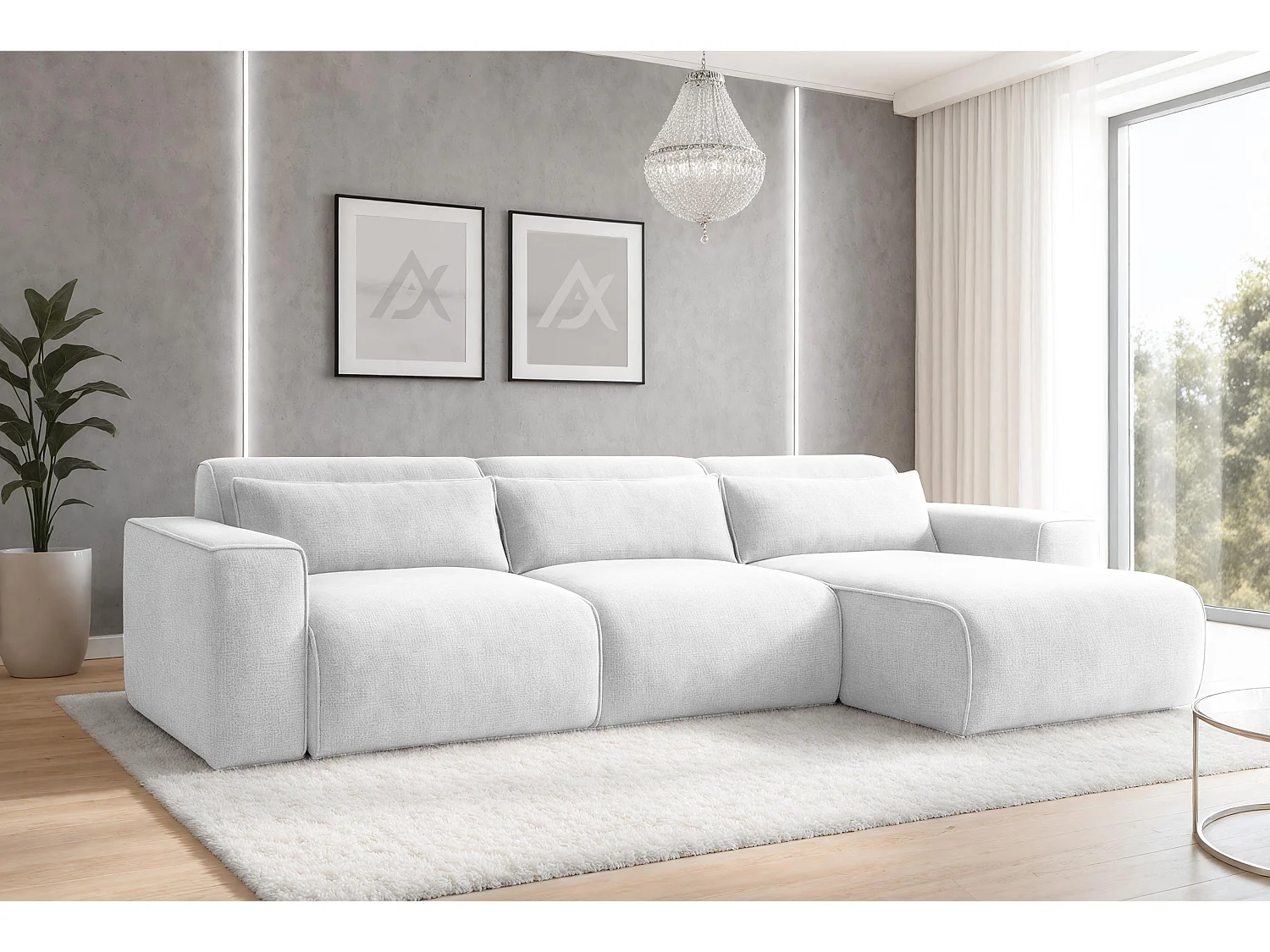 AX LIVING Hoekbank Ruyam parelwit met slaapfunctie rechts
