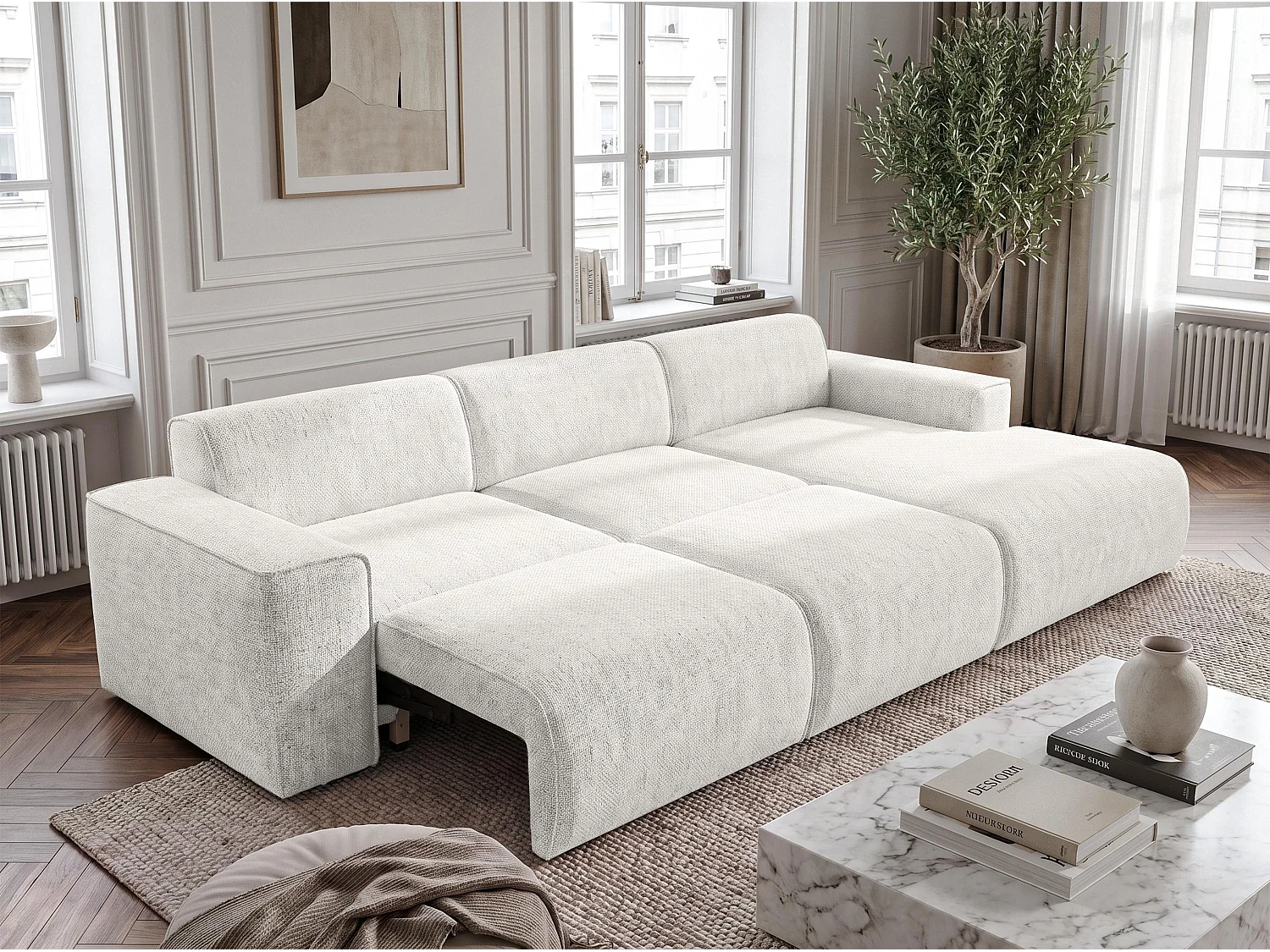 Canapé d'angle panoramique convertible 5 places en tissu blanc RUYAM
