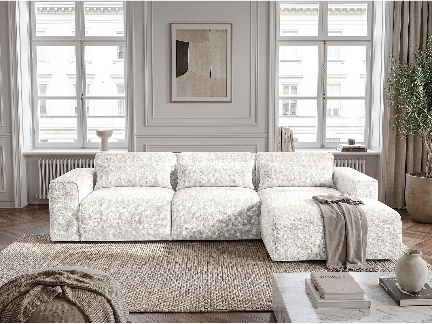 Canapé d'angle panoramique convertible 5 places en tissu blanc RUYAM