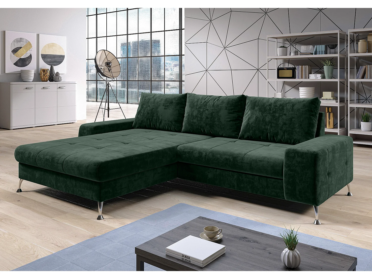 AX LIVING Canapé d’angle Artemia vert velours 275 cm convertible avec coffre gauche