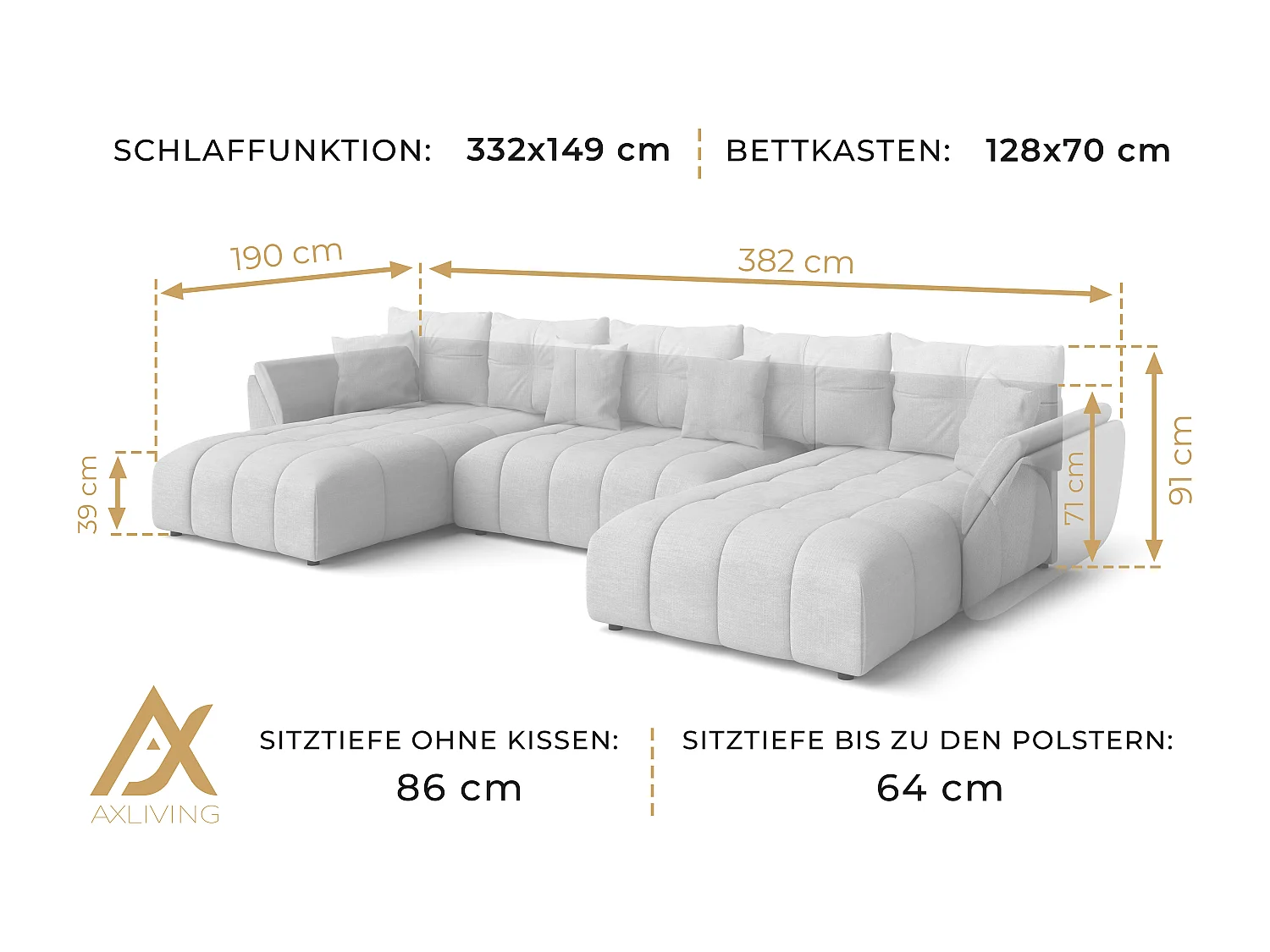 AX LIVING Couch U Form mit Schlaffunktion Antalya 382 cm schwarz