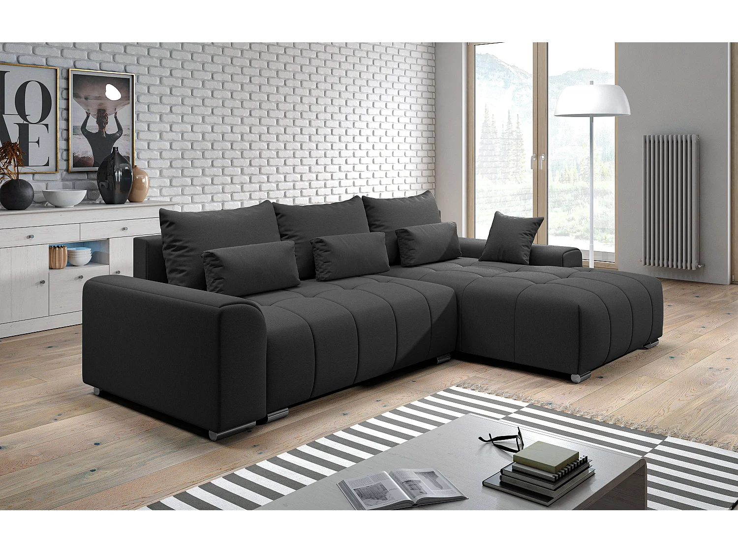 AX LIVING Canapé d’angle Rivolli 260 cm noir convertible avec coffre