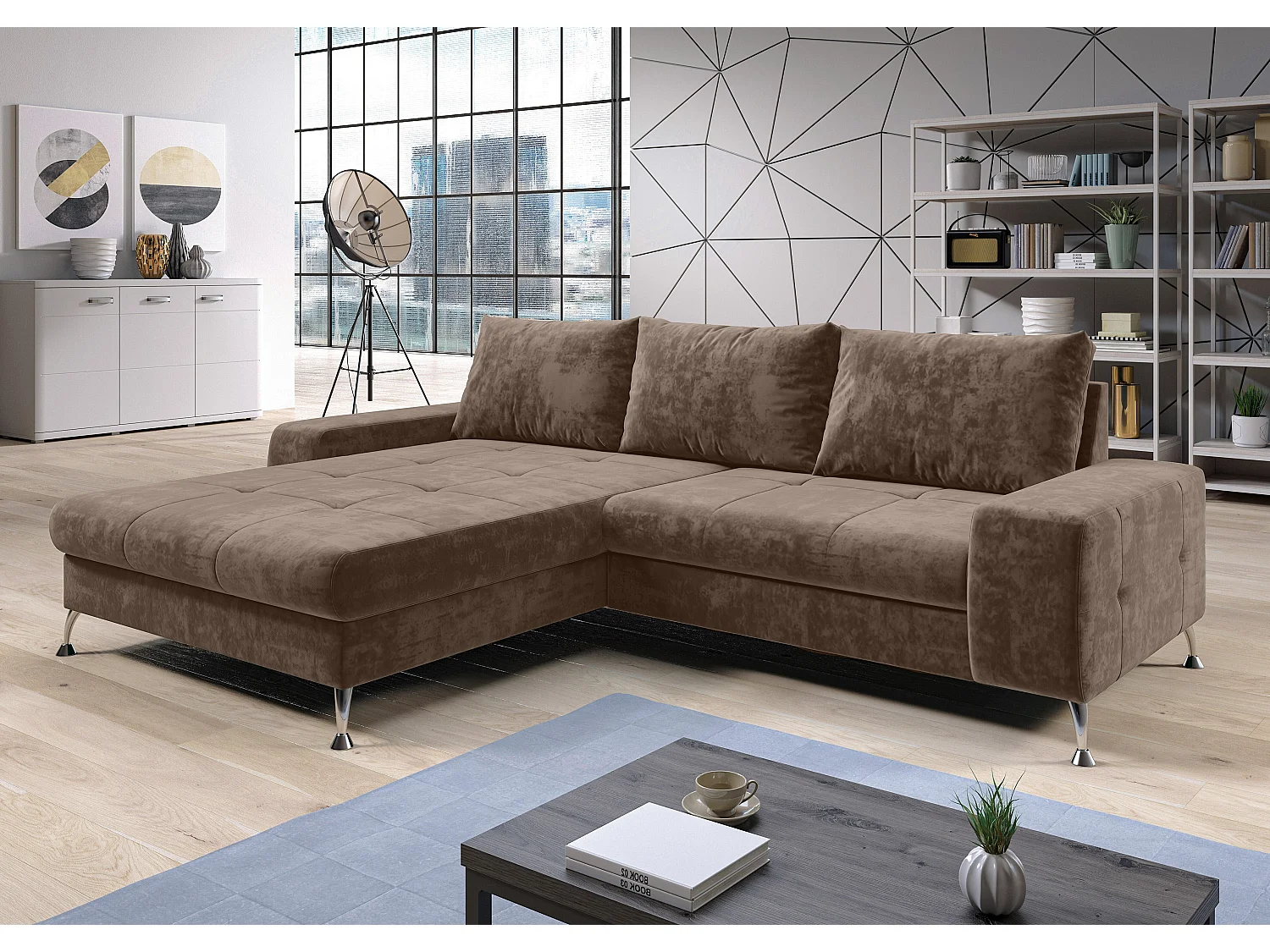 AX LIVING Canapé d’angle Artemia marron clair velours 275 cm convertible avec coffre gauche