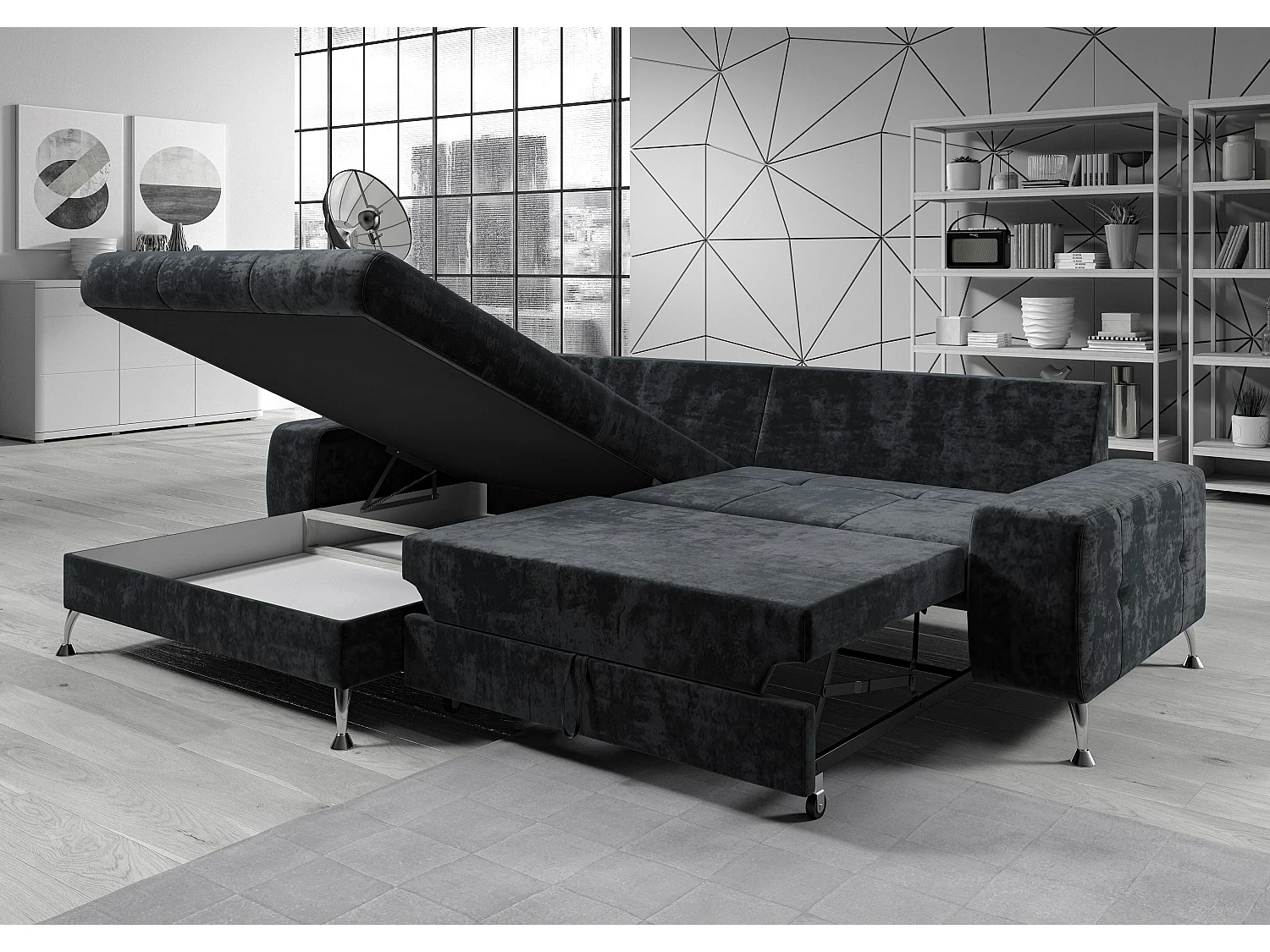 AX LIVING Canapé d’angle Artemia marron clair velours 275 cm convertible avec coffre gauche