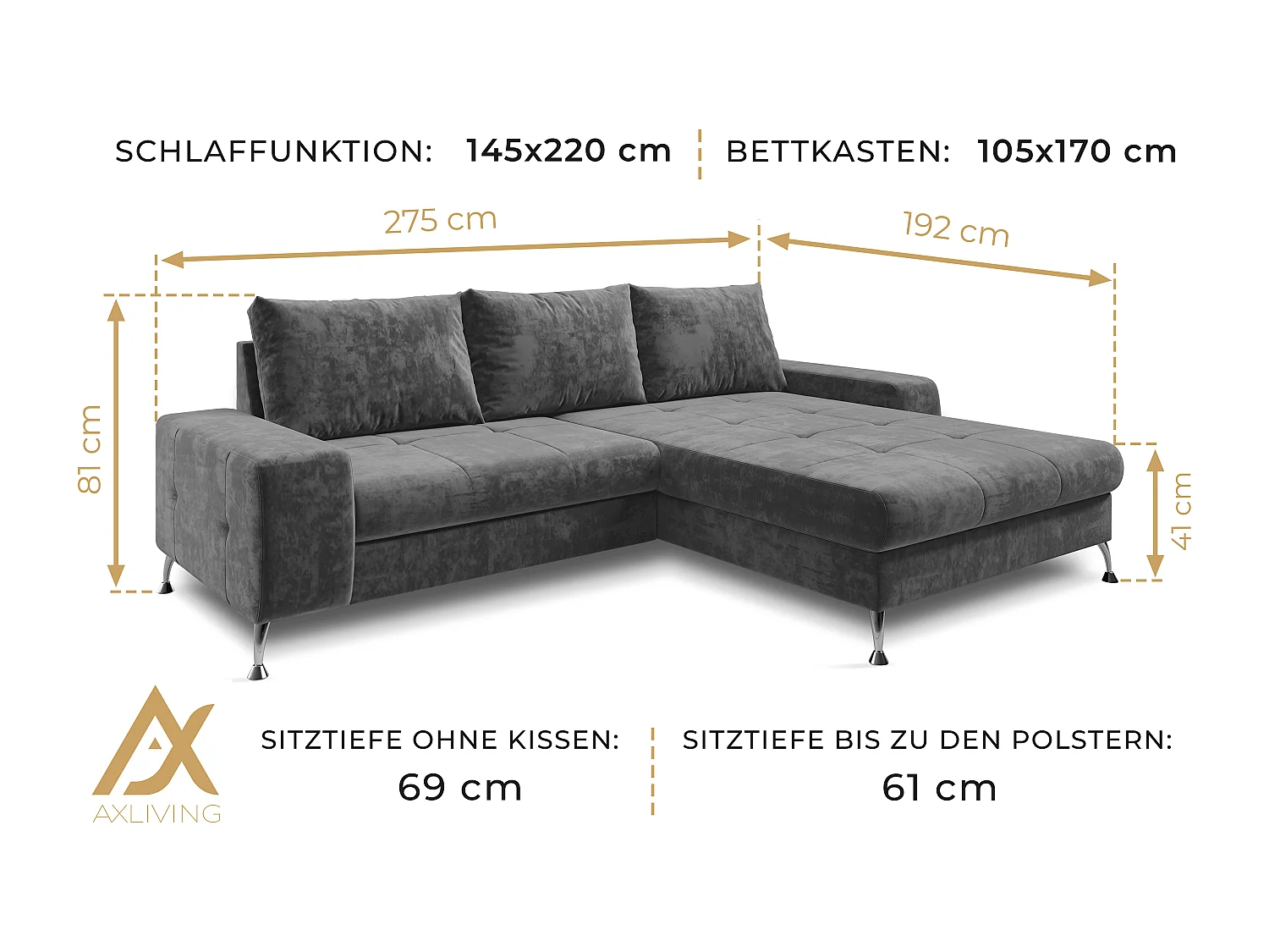 AX LIVING Canapé d’angle Artemia marron clair velours 275 cm convertible avec coffre gauche