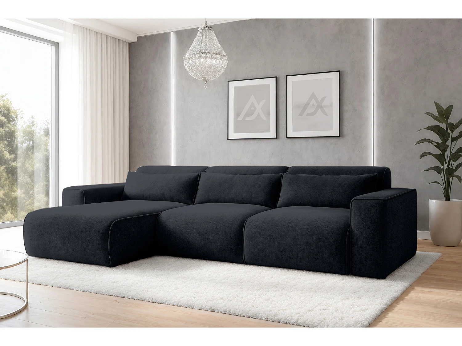 AX LIVING Canapé panoramique Ruyam noir convertible gauche