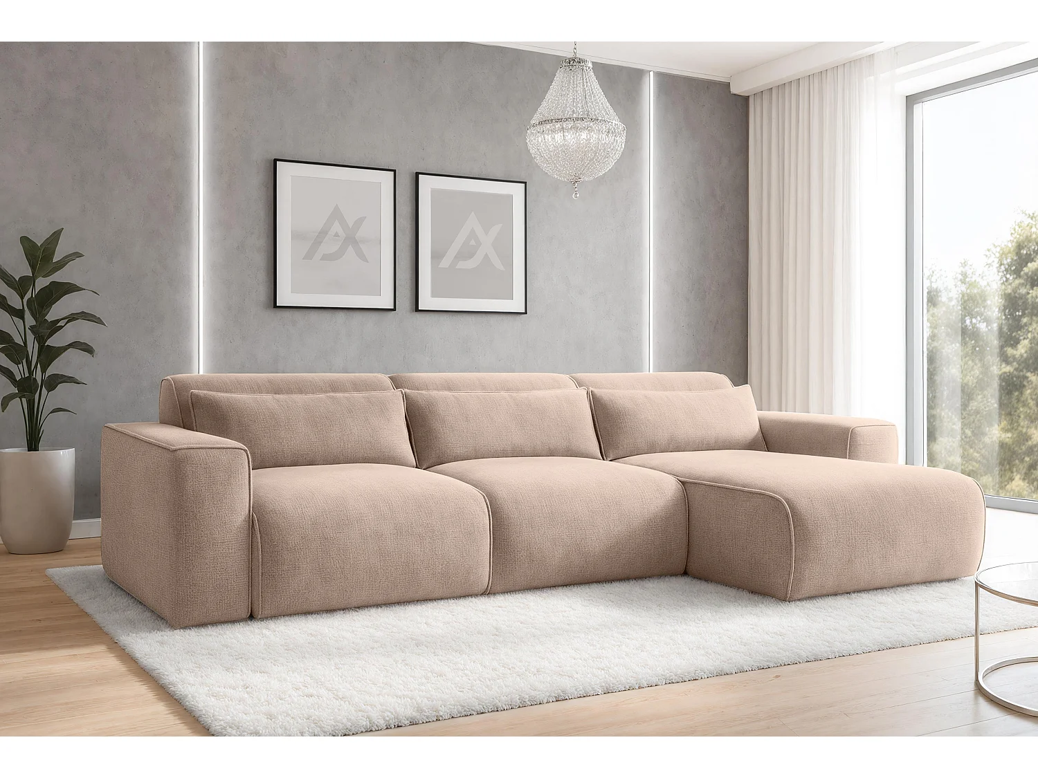 AX LIVING Canapé panoramique Ruyam 310 cm beige convertible droite