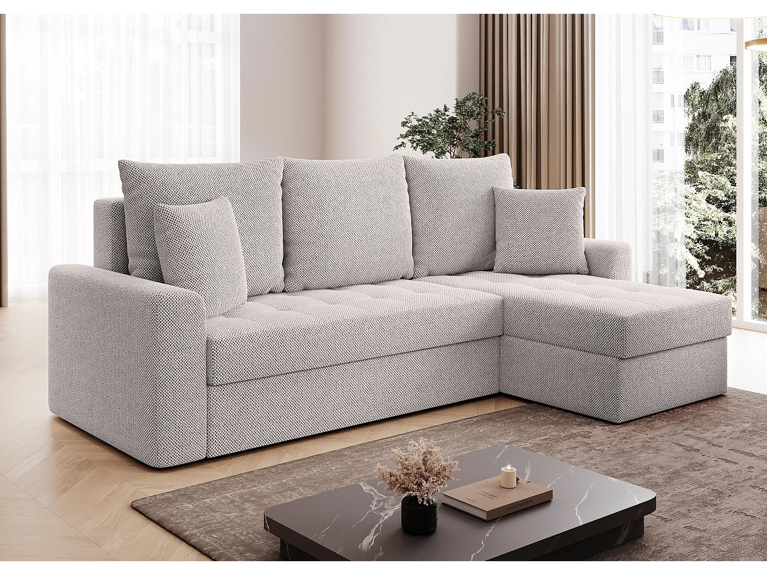 AX LIVING Canapé d’angle Karaman 238 cm crème convertible avec coffre