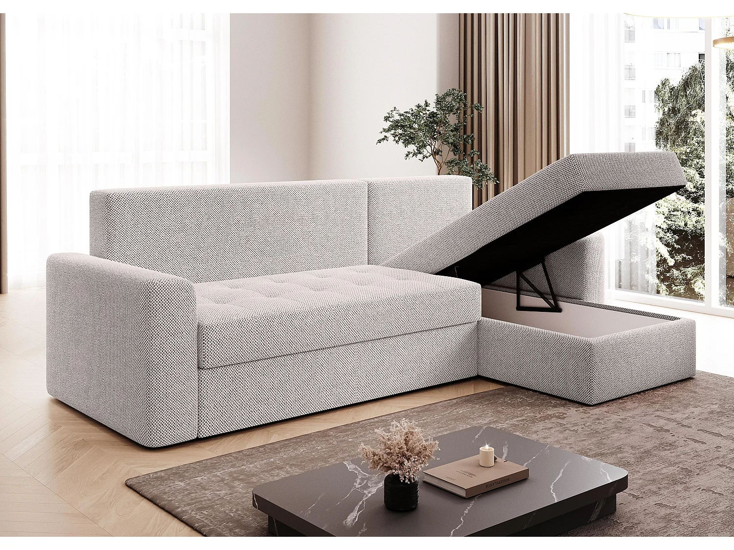 AX LIVING Canapé d’angle Karaman 238 cm crème convertible avec coffre