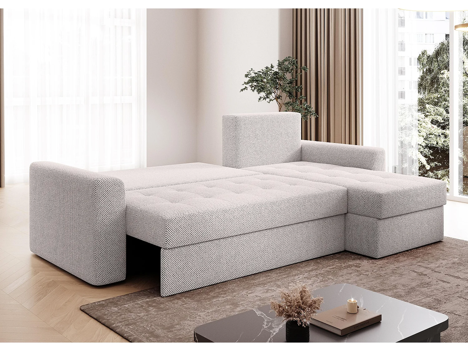 AX LIVING Canapé d’angle Karaman 238 cm crème convertible avec coffre