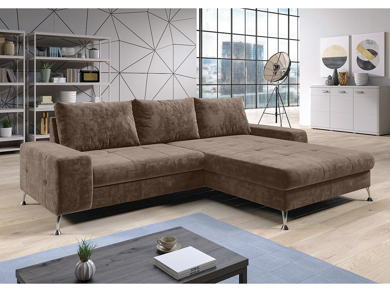 AX LIVING Canapé d’angle Artemia marron clair velours 275 cm convertible avec coffre droite