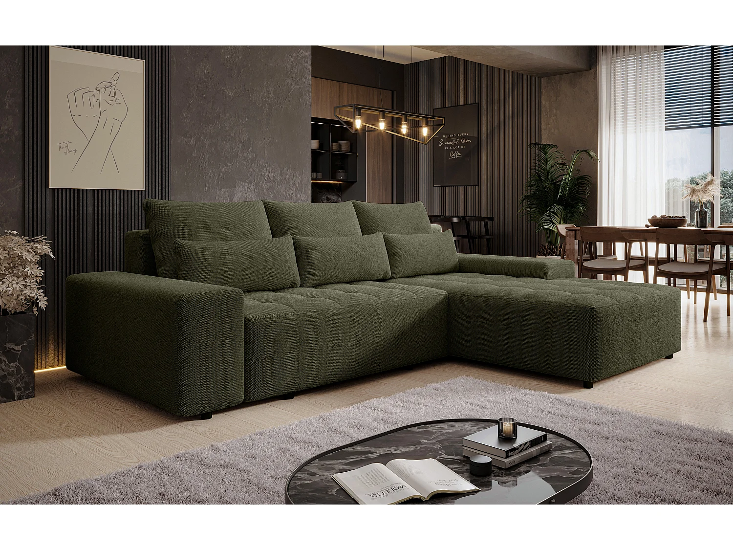 AX LIVING Canapé d’angle Alvorada 280 cm vert foncé convertible