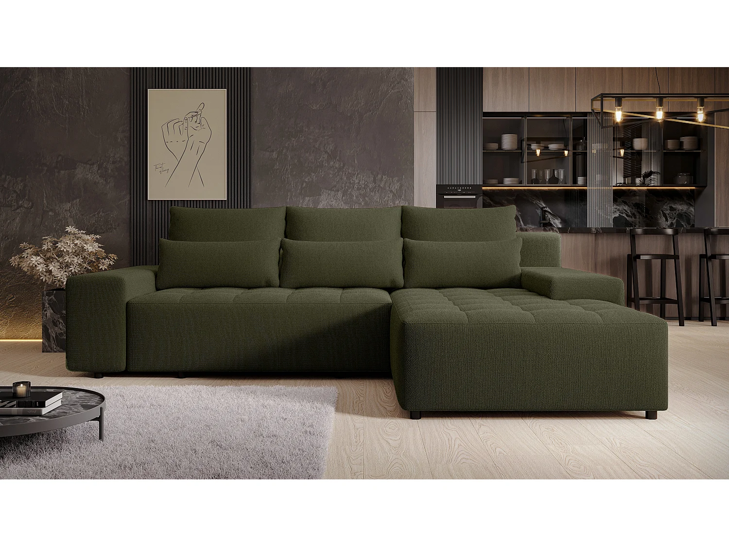 AX LIVING Canapé d’angle Alvorada 280 cm vert foncé convertible