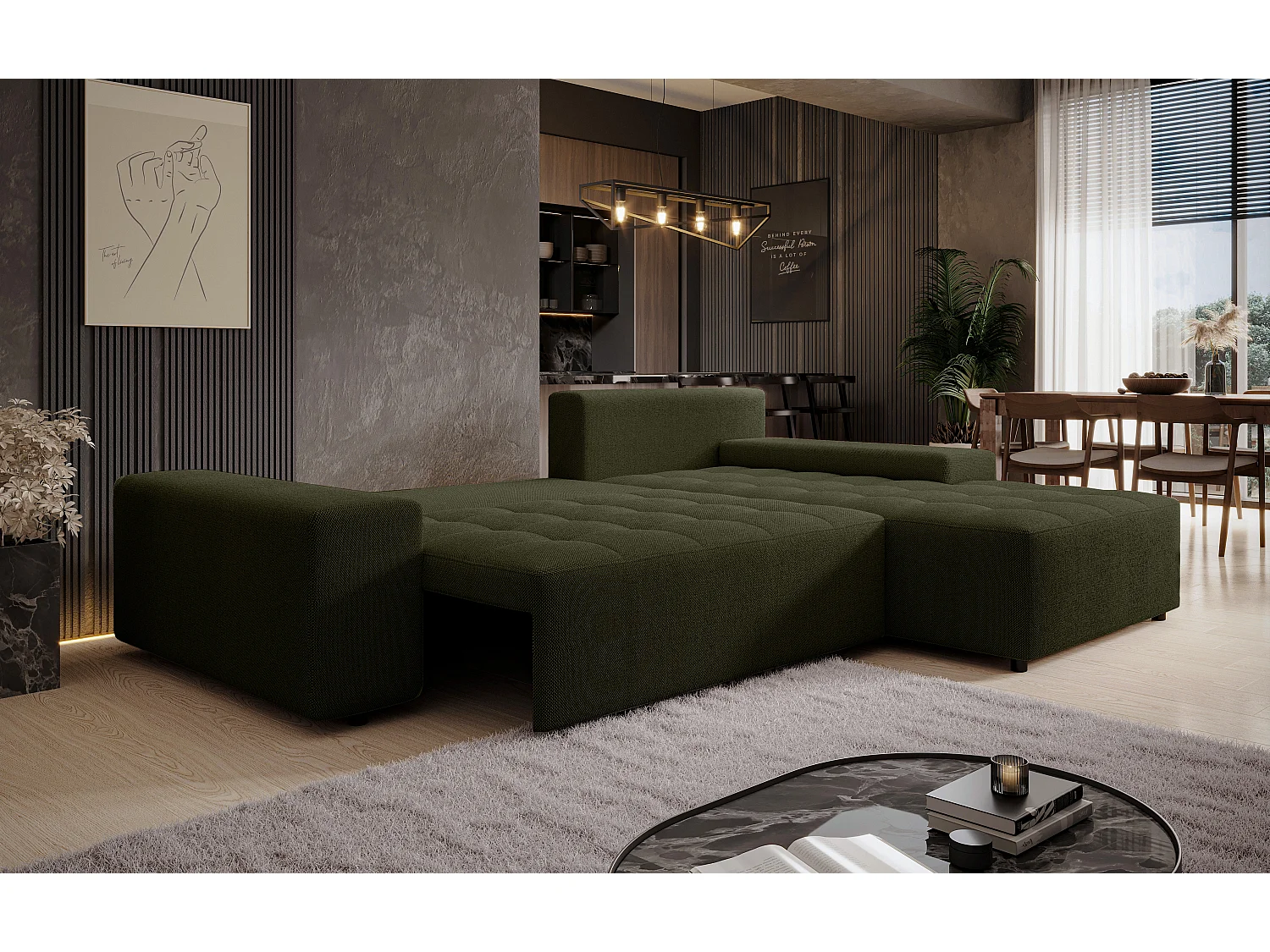 AX LIVING Canapé d’angle Alvorada 280 cm vert foncé convertible