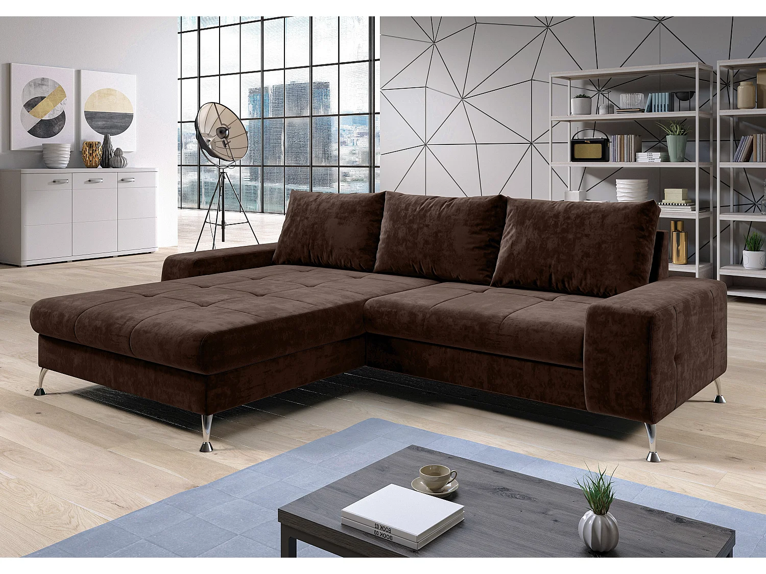 AX LIVING Canapé d’angle Artemia marron velours 275 cm convertible avec coffre gauche