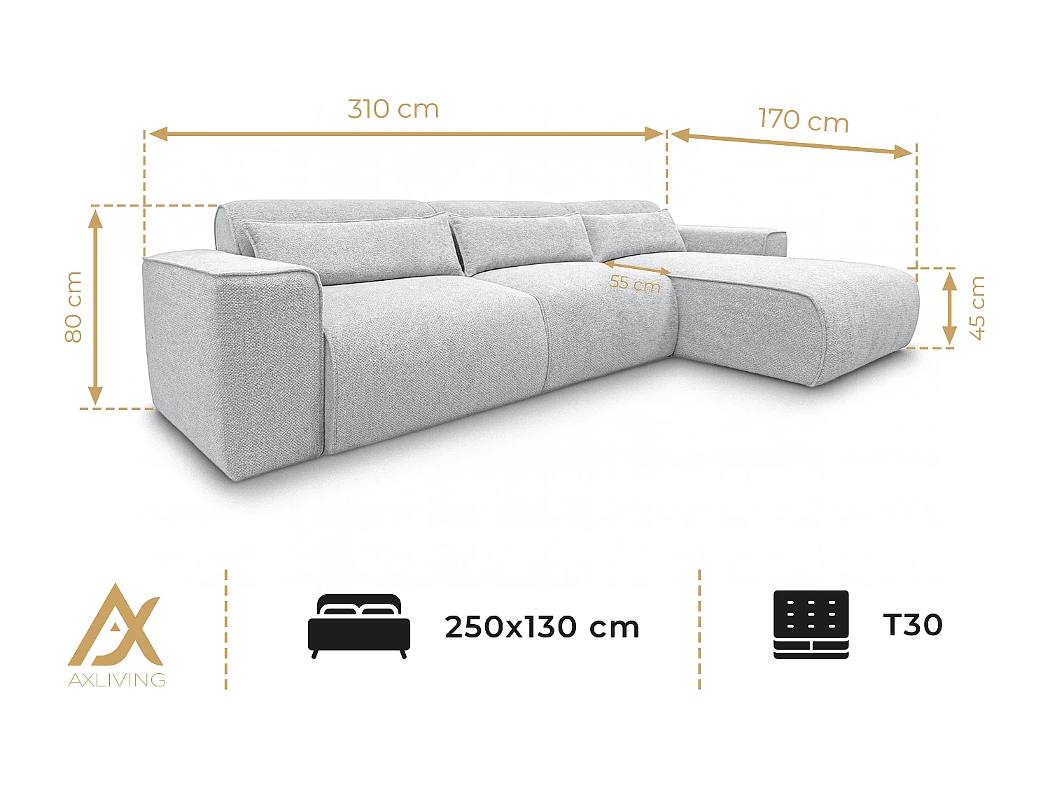 AX LIVING Canapé panoramique Ruyam 310 cm gris convertible droite