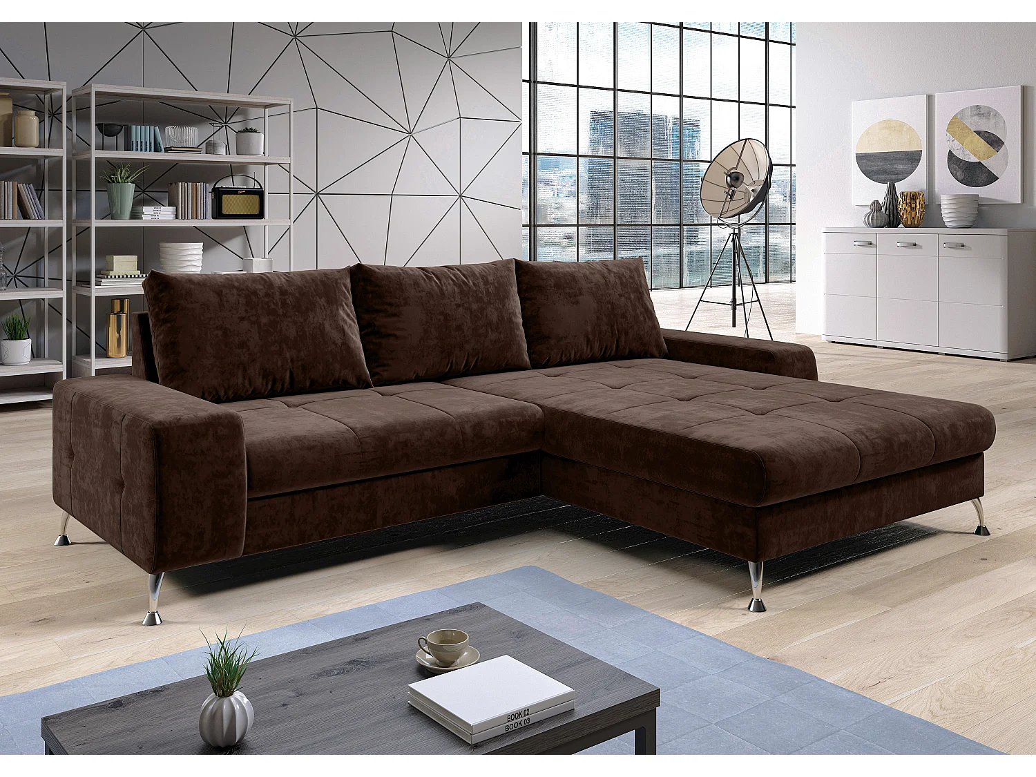 AX LIVING Canapé d’angle Artemia marron velours 275 cm convertible avec coffre droite