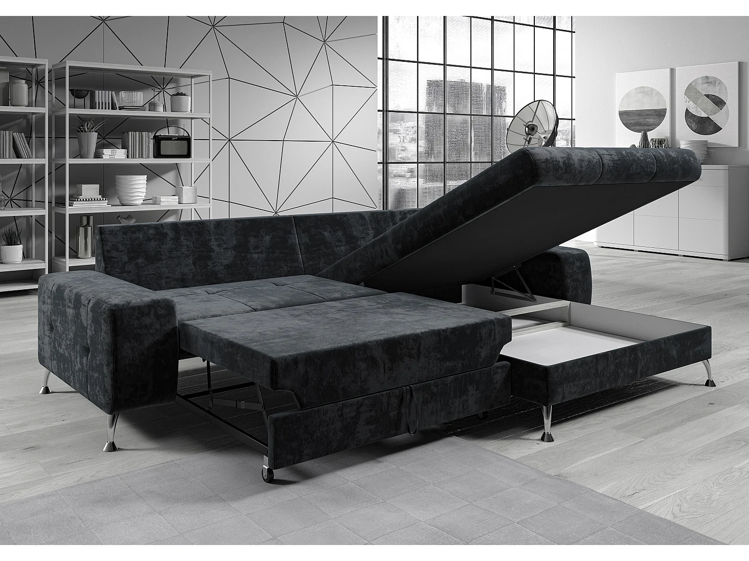 AX LIVING Canapé d’angle Artemia marron velours 275 cm convertible avec coffre droite