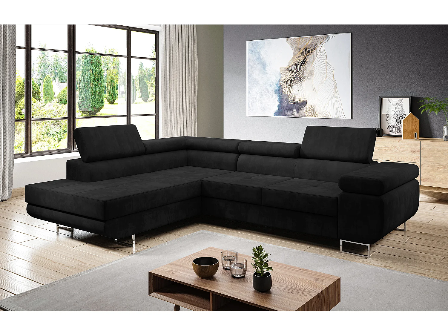 AX LIVING Hoekbank Kanya zwart 275 cm met slaapfunctie en opbergruimte links