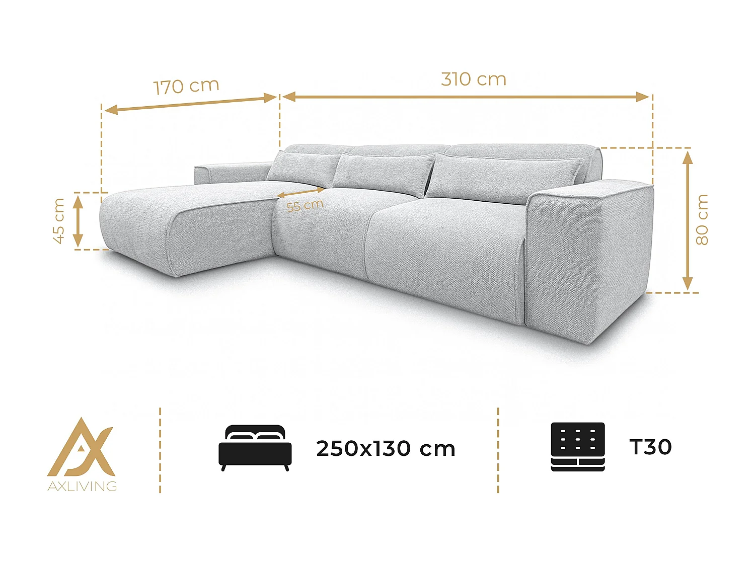 AX LIVING Wohnlandschaft mit Schlaffunktion Ruyam Sofa Creme 310 cm L