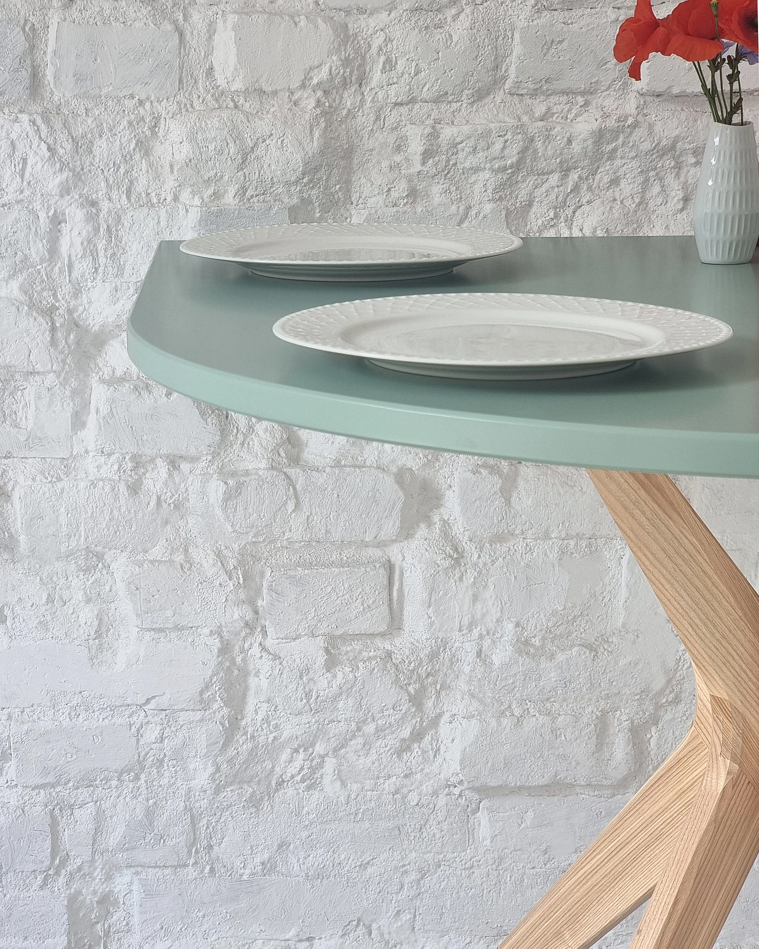 Table demi-ovale à manger 80x80 cm, 3 personnes, MDF Vert Sauge | frêne teinté chêne