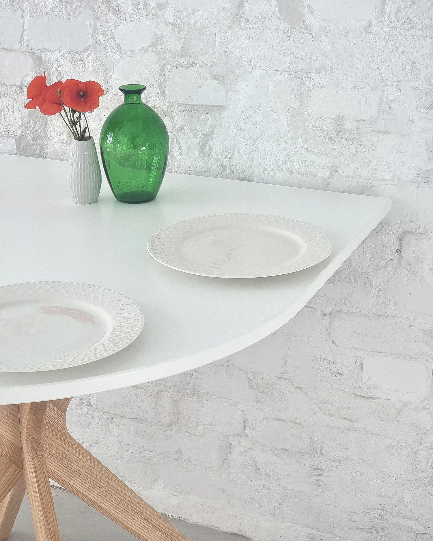 Table demi-ovale à manger 80x80 cm, 3 personnes, MDF Blanc Craie | frêne teinté chêne