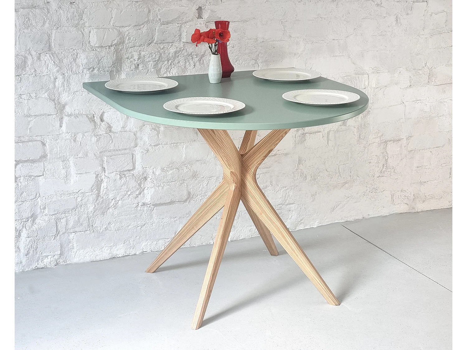 Table demi-ovale à manger 80x80 cm, 3 personnes, MDF Vert Sauge | frêne