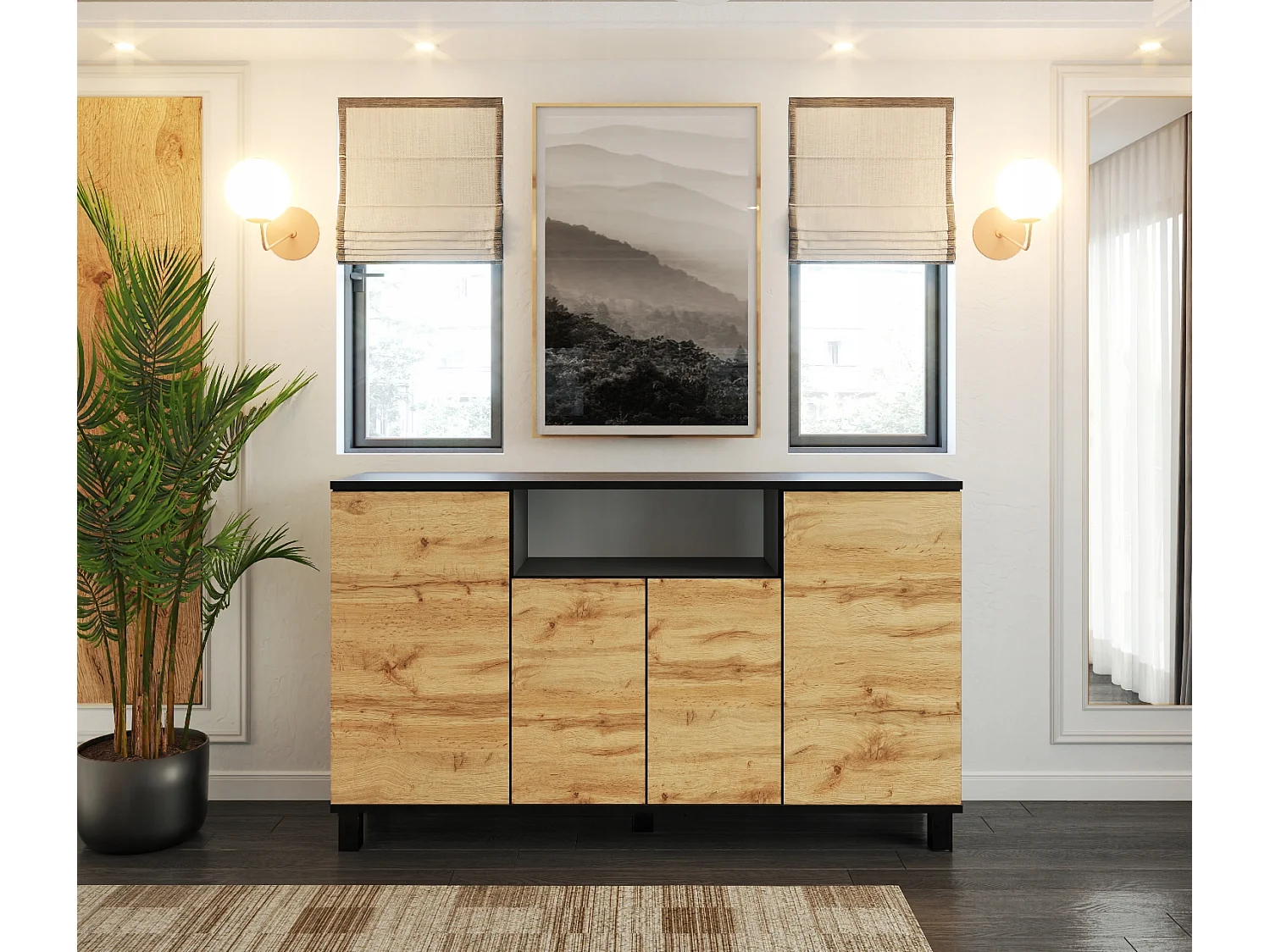 Duża Komoda 140 CM Szary Mat Dąb Wotan Szafka Rtv Meble Do Salonu Sypialni