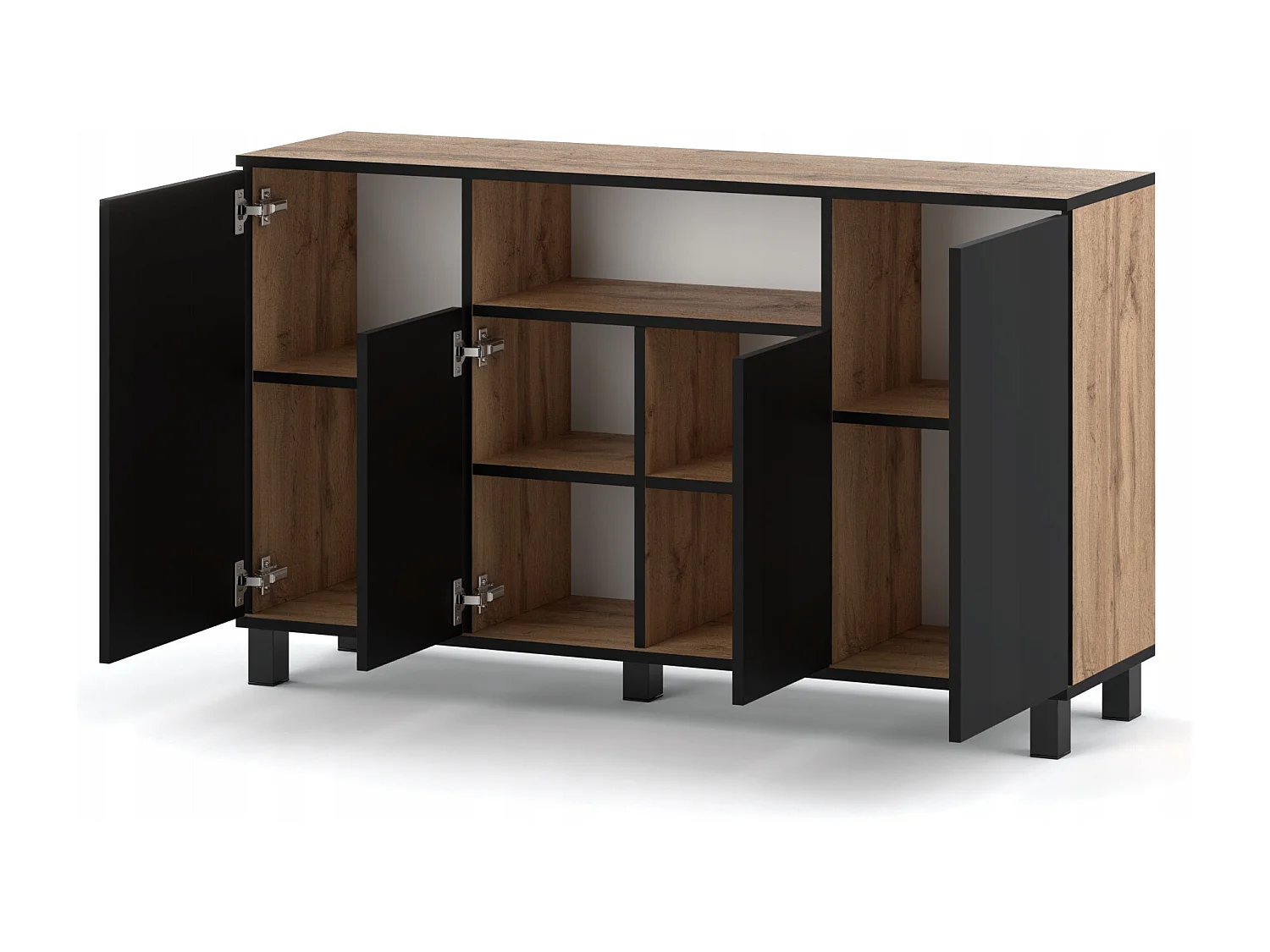 Duża Komoda 140 CM Dąb Wotan Czarny Mat Szafka Rtv Meble Do Salonu Sypialni