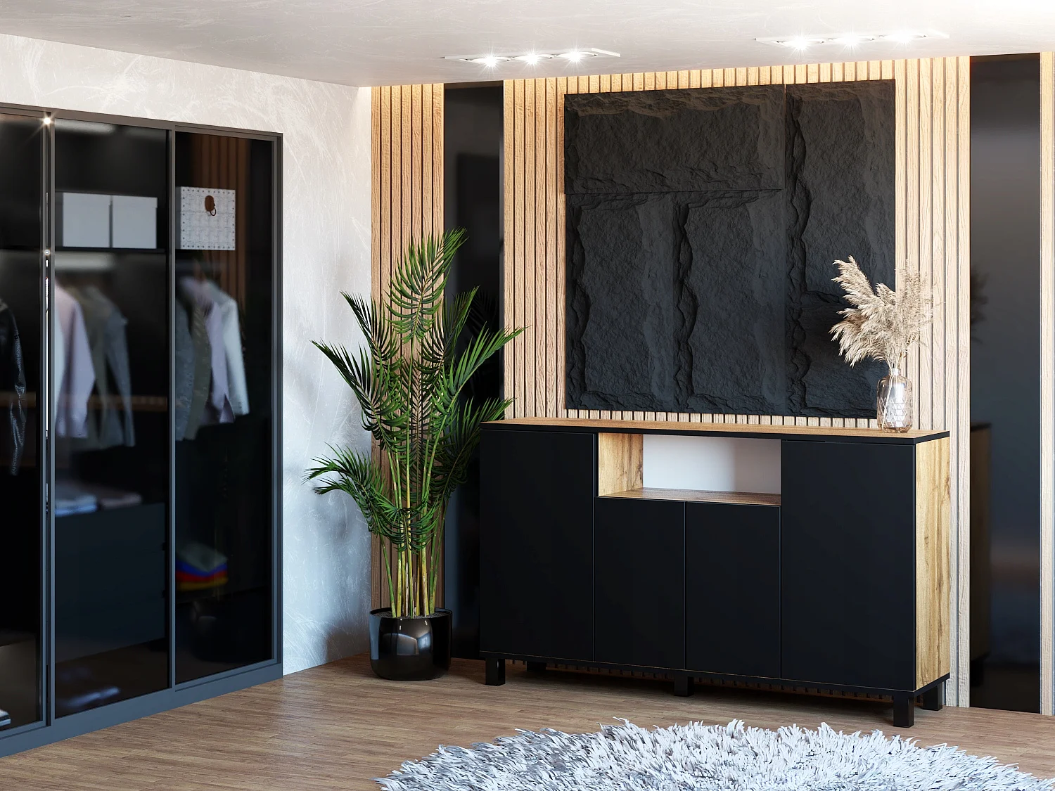 Duża Komoda 140 CM Dąb Wotan Czarny Mat Szafka Rtv Meble Do Salonu Sypialni