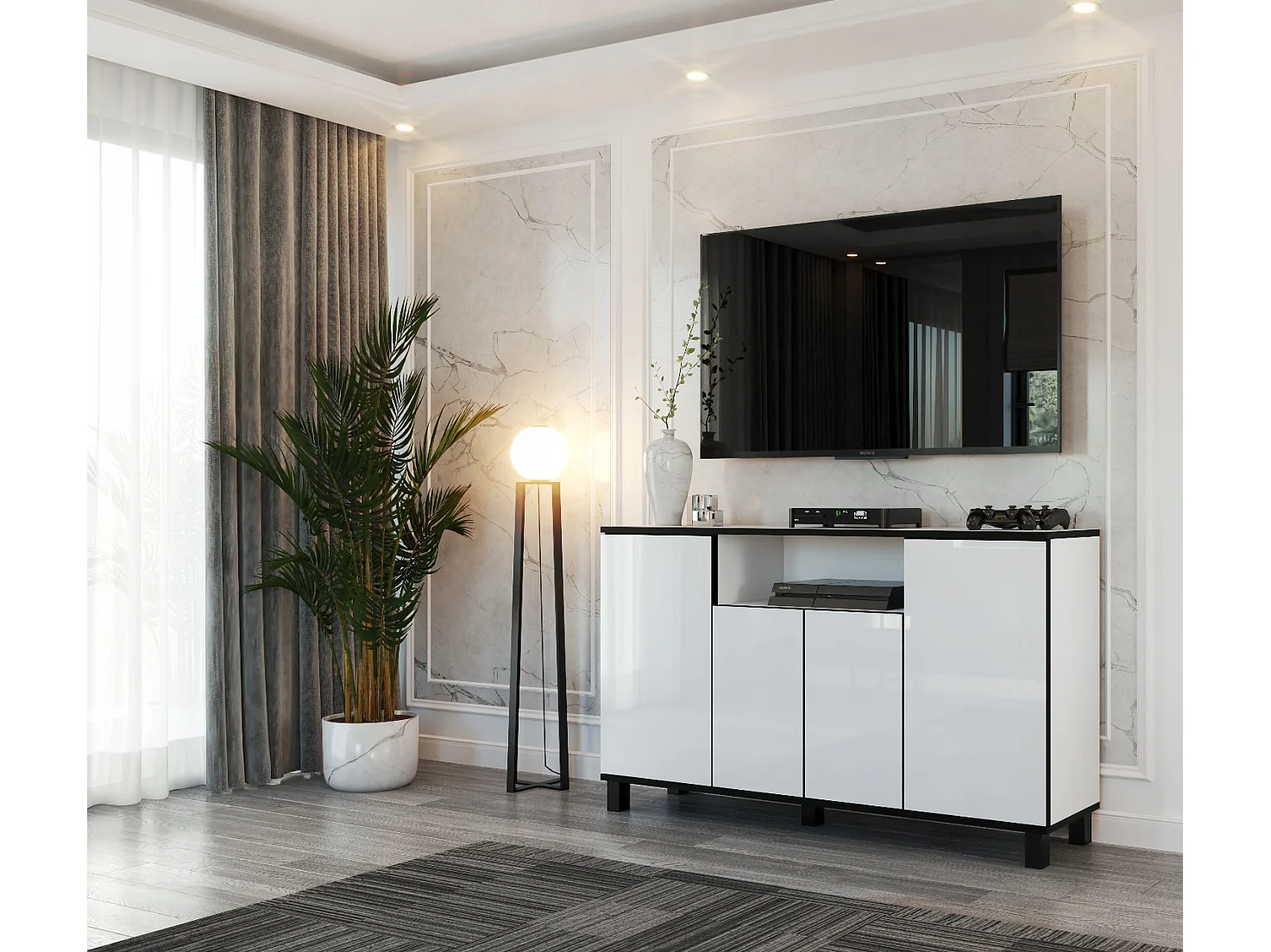 Duża Komoda 140 CM Biały Mat Biały Połysk Szafka Rtv Meble Do Salonu Sypialni