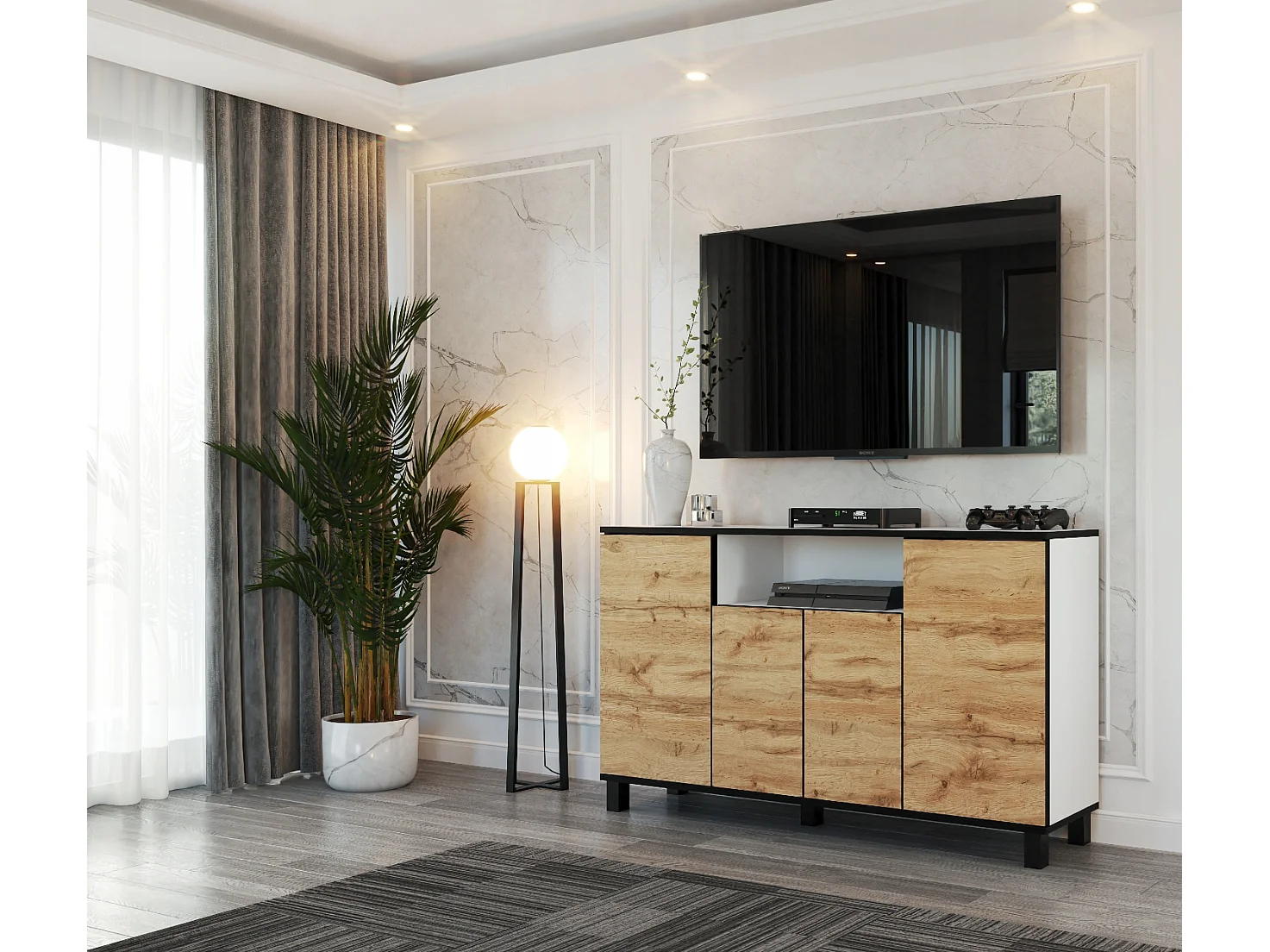 Duża Komoda 140 CM Biały Mat Dąb Wotan Szafka Rtv Meble Do Salonu Sypialni