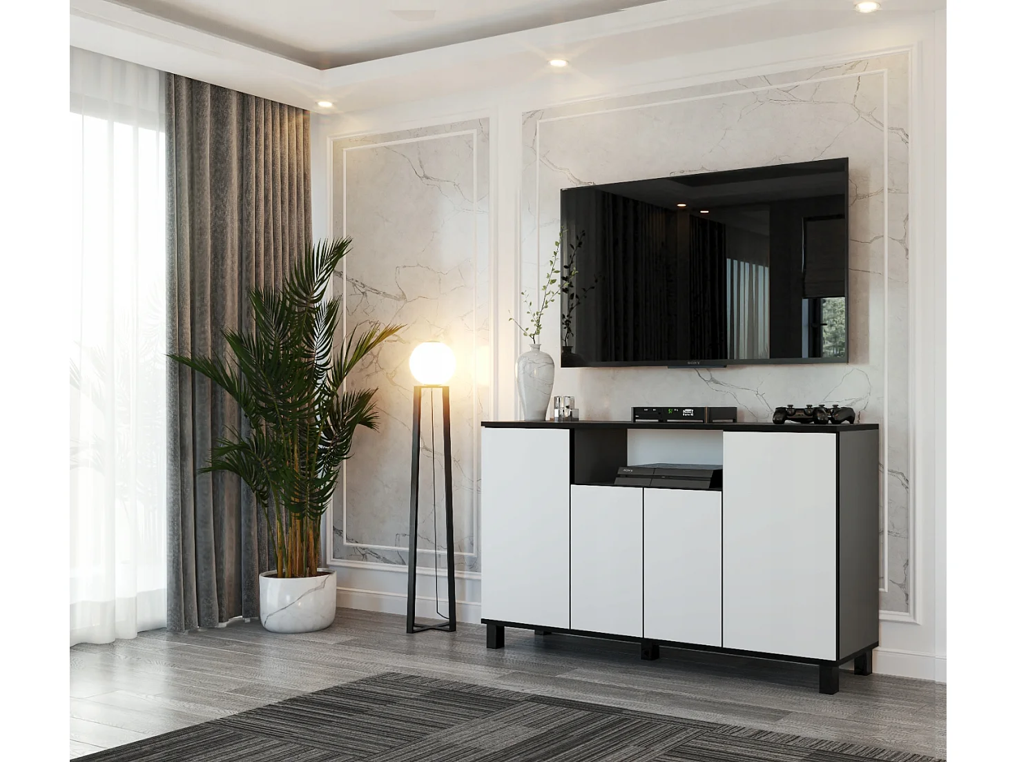 Duża Komoda 140 CM Szary Mat Biały Mat Szafka Rtv Meble Do Salonu Sypialni