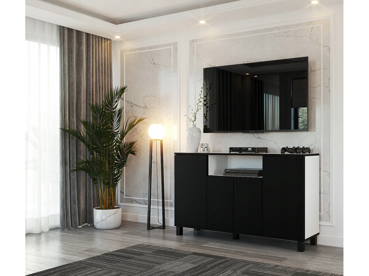 Duża Komoda 140 CM Biały Mat Czarny Mat Szafka Rtv Meble Do Salonu Sypialni