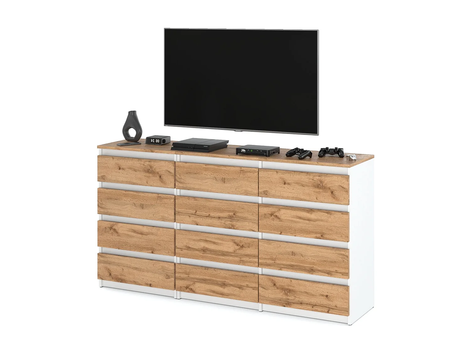 Duża Komoda z 12 Szufladami 180 CM Szafka Rtv Biały Mat Dąb Wotan Meble Do Salonu Sypialni