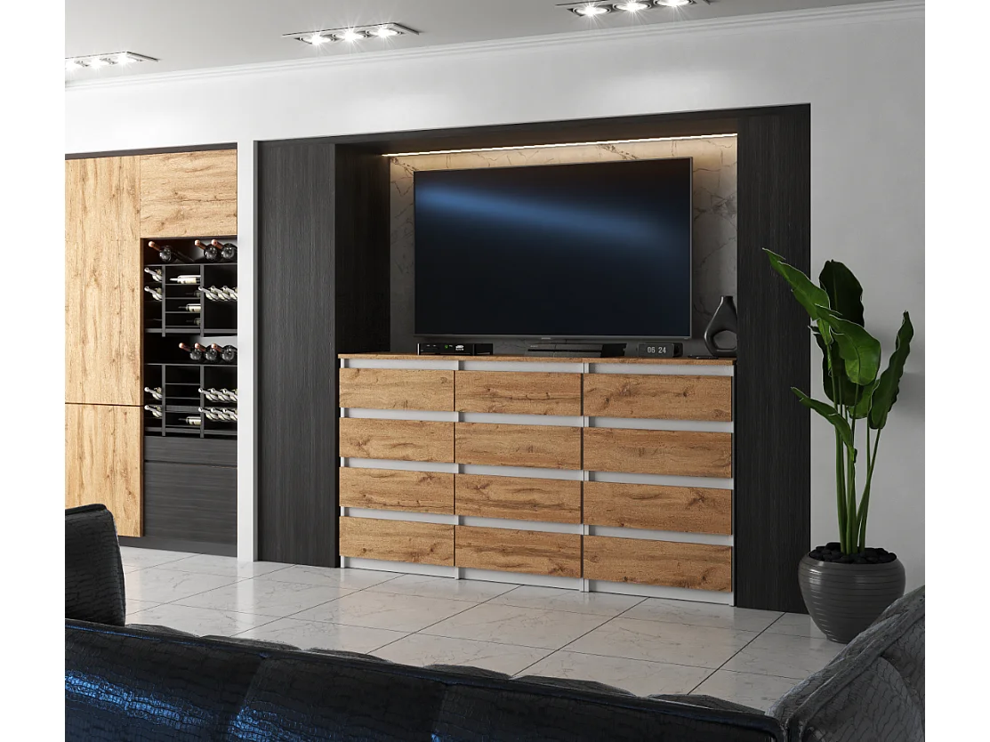 Duża Komoda z 12 Szufladami 180 CM Szafka Rtv Biały Mat Dąb Wotan Meble Do Salonu Sypialni