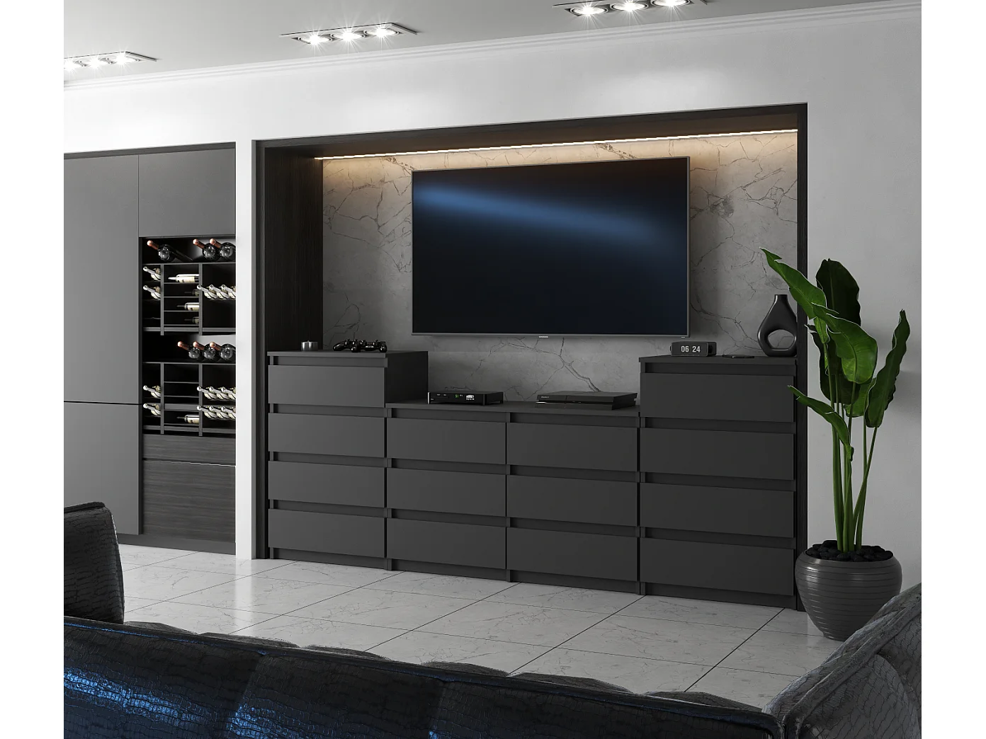 Duża Komoda z 14 Szufladami 220 CM Szafka Rtv Szary Mat Meble Do Salonu Sypialni