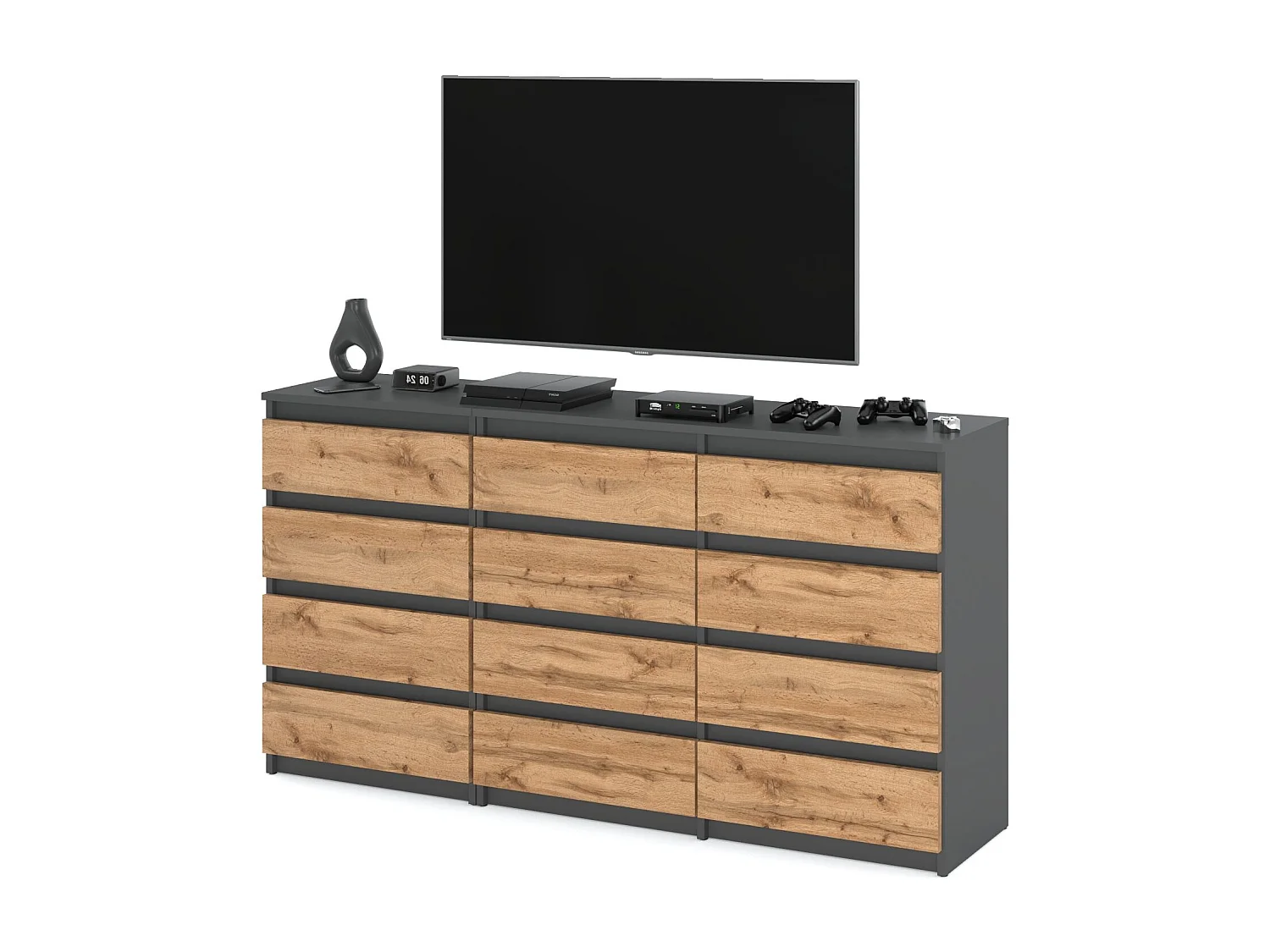 Duża Komoda z 12 Szufladami 180 CM Szafka Rtv Szary Mat Dąb Wotan Meble Do Salonu Sypialni