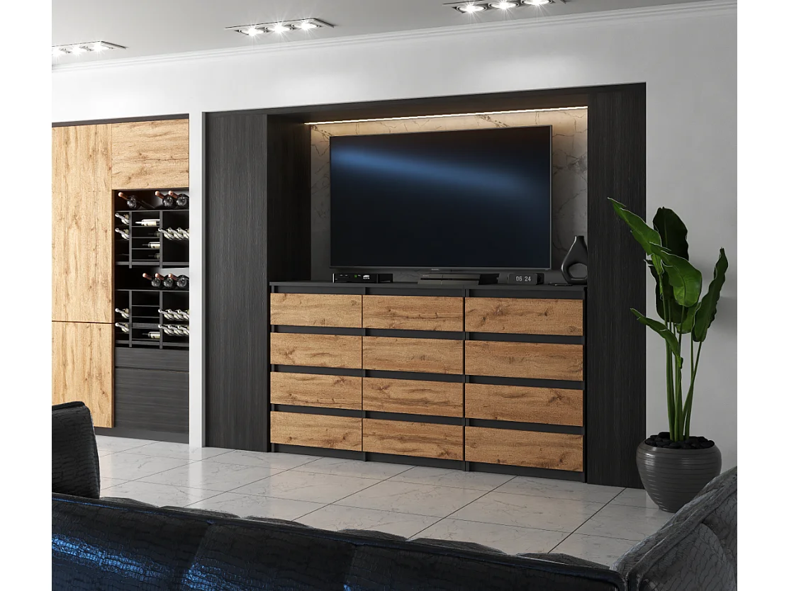 Duża Komoda z 12 Szufladami 180 CM Szafka Rtv Szary Mat Dąb Wotan Meble Do Salonu Sypialni