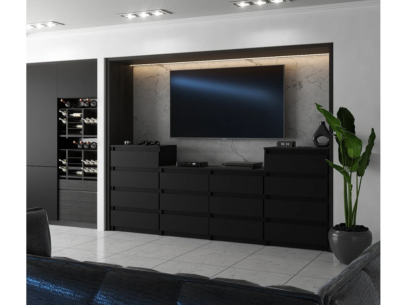 Duża Komoda z 14 Szufladami 220 CM Szafka Rtv Czarny Mat Meble Do Salonu Sypialni