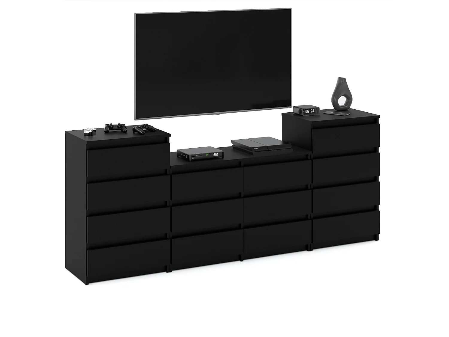 Duża Komoda z 14 Szufladami 220 CM Szafka Rtv Czarny Mat Meble Do Salonu Sypialni