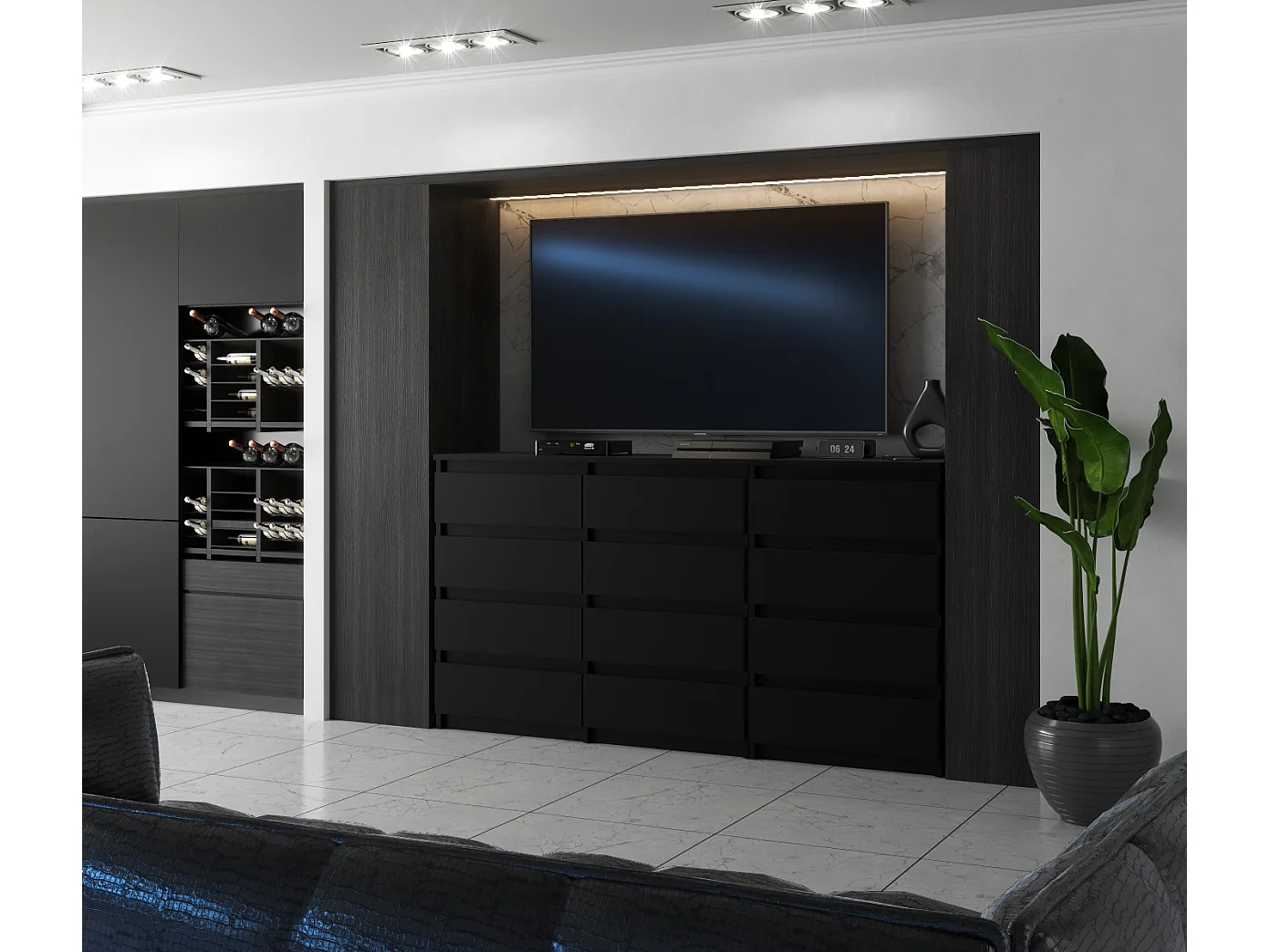 Duża Komoda z 12 Szufladami 180 CM Szafka Rtv Czarny Mat Meble Do Salonu Sypialni