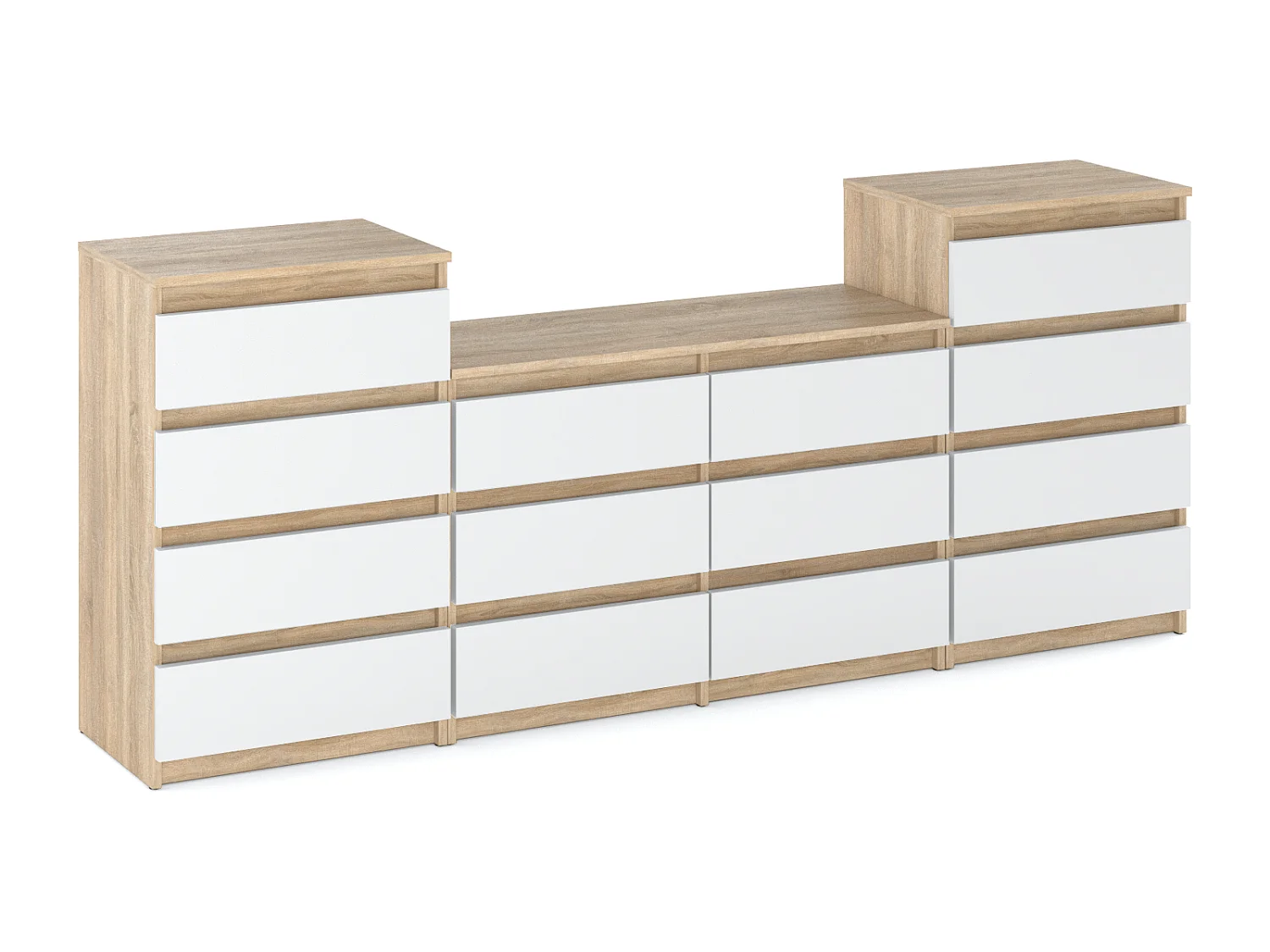 Duża Komoda z 14 Szufladami 220 CM Szafka Rtv Dąb Sonoma Biały Mat Meble Do Salonu Sypialni