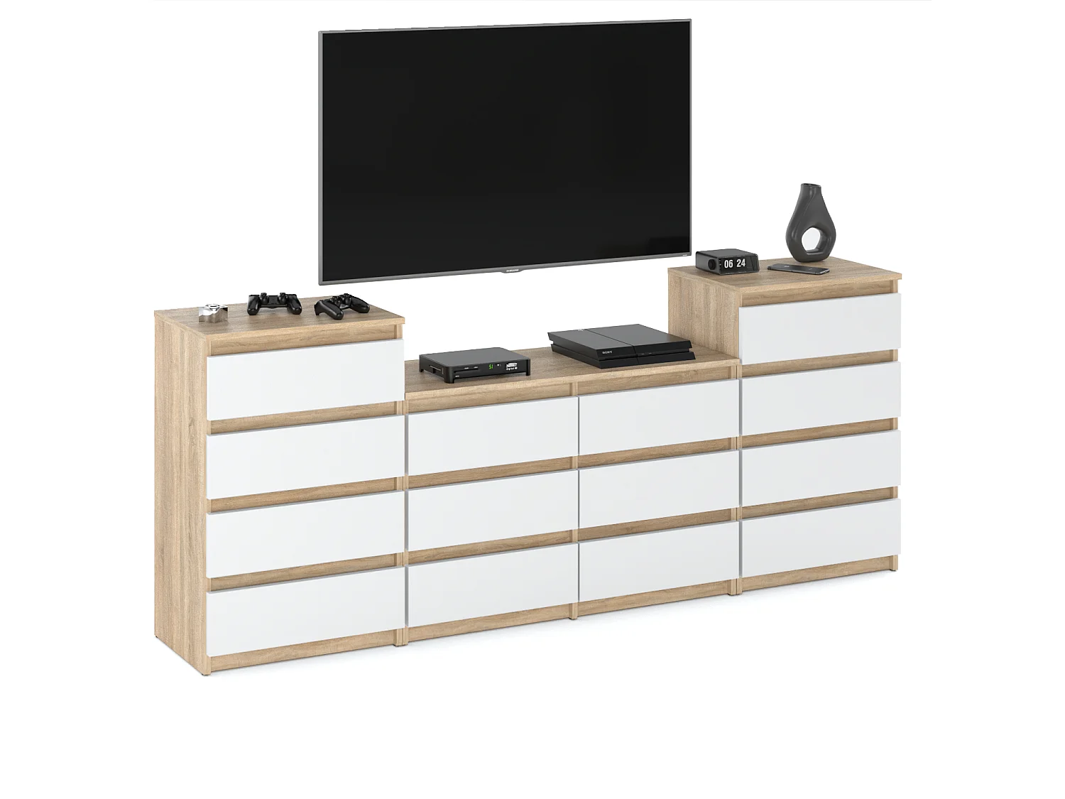 Duża Komoda z 14 Szufladami 220 CM Szafka Rtv Dąb Sonoma Biały Mat Meble Do Salonu Sypialni