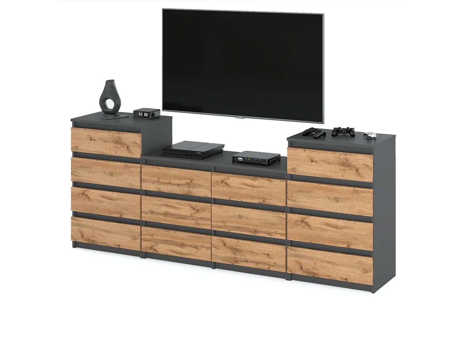 Duża Komoda z 14 Szufladami 220 CM Szafka Rtv Szary Mat Dąb Wotan Meble Do Salonu Sypialni